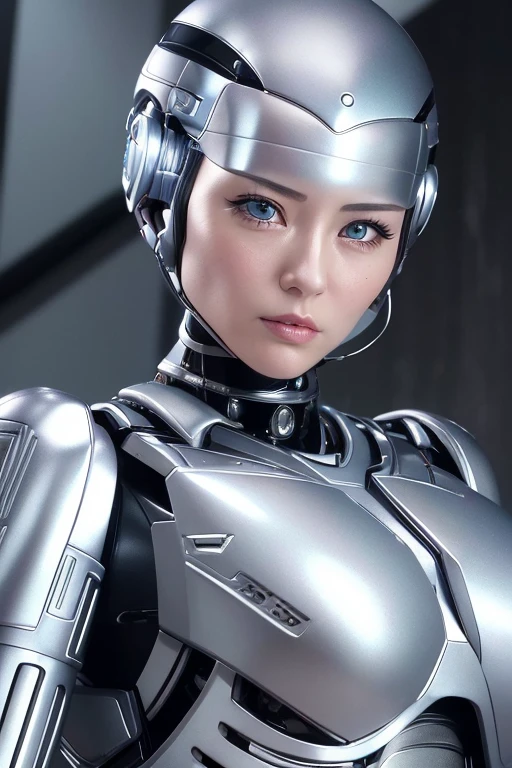 ((best quality)), ((masterpiece)), (detailed), perfect face,female Robot,Japanese Woman,50 years old,silver hair,blue eye,Mechanical ear,silver metallic Robot body,like a Robocop ,Grammer Body,No Expression,Big Chest,Sexy female Robot,Perfect Robot Woman,Sex Android,Sex Robot