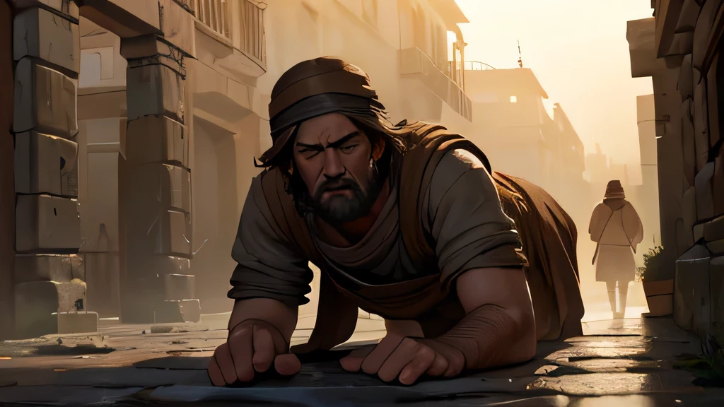 a injured peasant man on the ground, ancient greek city street, dressed as a Greek peasant from the 1st century AD, detailed face, dirty clothes, bloody wounds, cobblestone pavement, old buildings, overcast sky, dramatic lighting, cinematic composition, muted tones, digital painting, (best quality,8k,highres,masterpiece:1.2),ultra-detailed,(realistic,photorealistic,photo-realistic:1.37),cinematic lighting,dramatic atmosphere,gritty realism,historical,moody