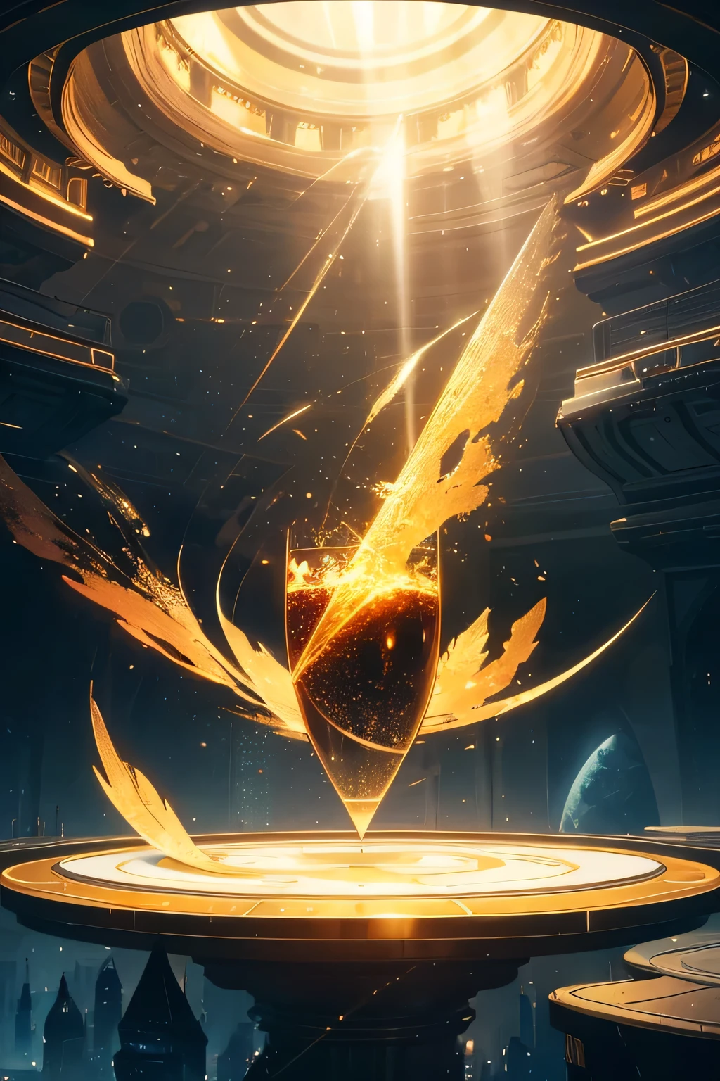Sci-fi , round vast room of gold and glass , Natural elements , magic floating through the air , colorful elements , high details , realistic