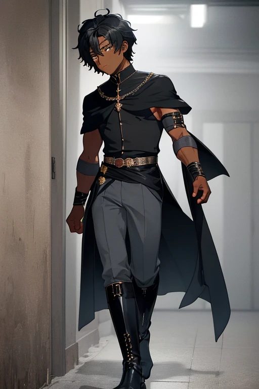 /(Boy),(dark brown skin color of the Clay5 tone),(brown eyes),(young),(height 1.80),(short black curly hair Brazilian style),(16 years old teenager),(male gender ),(wearing),+,(a 5th century emperor's outfit consisting of black style boots and a shiny black cape and stylish light blue pants with dark blue stripes And a blouse with large sleeves in dark gray and black tones),(Beautiful image), (perfect resolution), (high quality), (super beautiful image), (perfect image brightness)