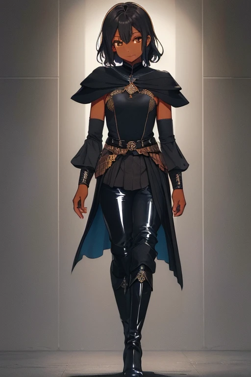 /(Boy),(dark brown skin color of the Clay5 tone),(brown eyes),(young),(height 1.80),(short black curly hair Brazilian style),(16 years old teenager),(male gender ),(wearing),+,(a 5th century emperor's outfit consisting of black style boots and a shiny black cape and stylish light blue pants with dark blue stripes And a blouse with large sleeves in dark gray and black tones),(Beautiful image), (perfect resolution), (high quality), (super beautiful image), (perfect image brightness)