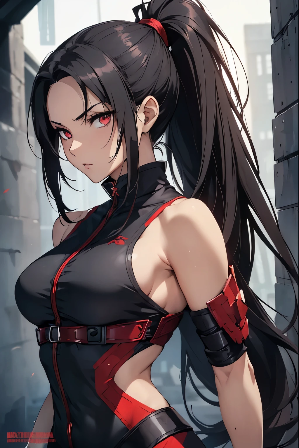 1 kunoichi, fair skin, red eyes, long dark hair, ponytail, brown eyes, ((detailed eyes:1.2)), medium breasts, wearing ninja suit, sexy, sensual, open back, sleeveless, masterpiece, top quality, best quality, official art, beautiful and aesthetic:1.2), extreme detailed, colorful, highest detailed