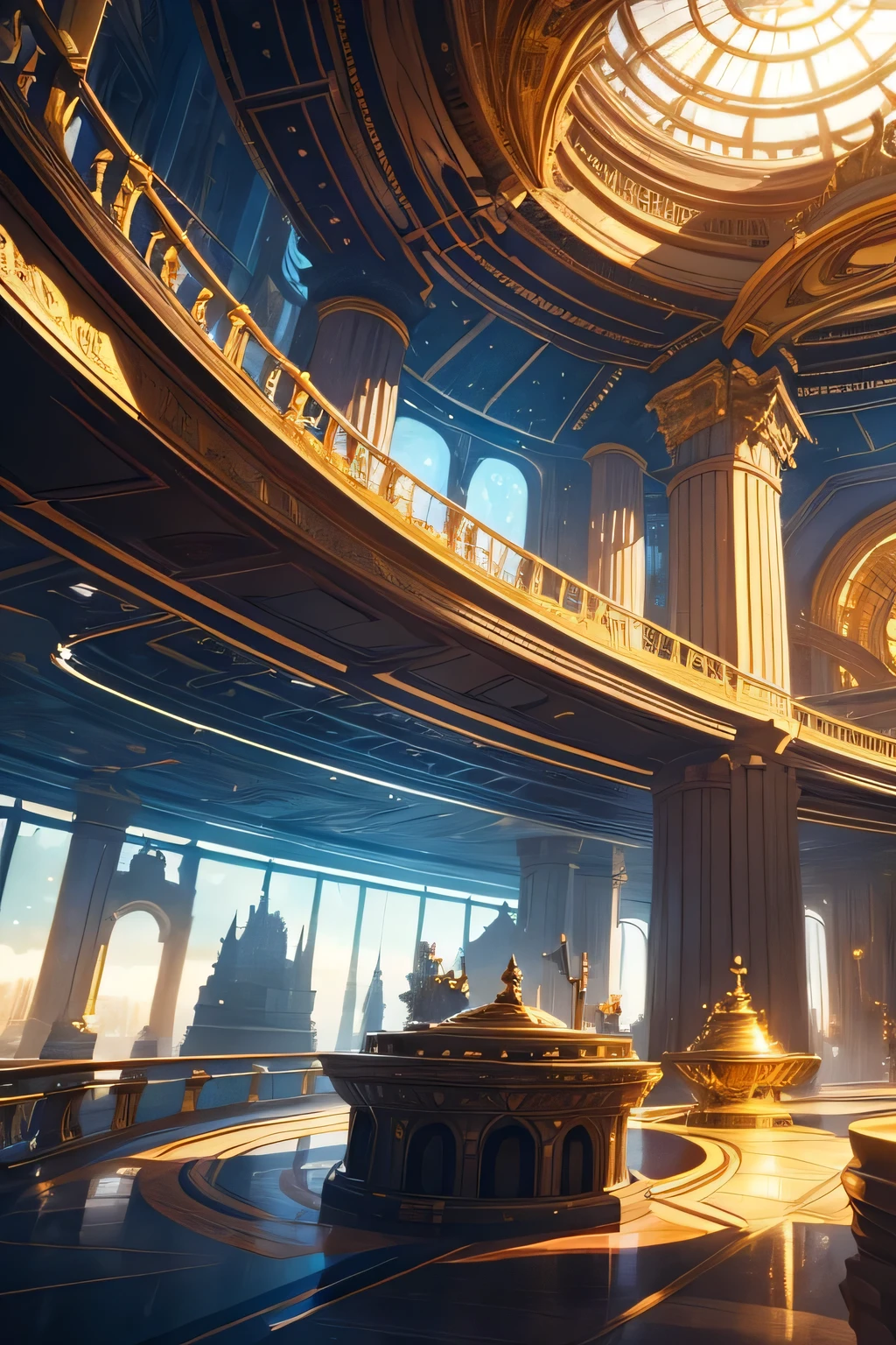 Sci-fi , round vast room of gold and glass , Natural elements , magic floating through the air , colorful elements , high details , realistic