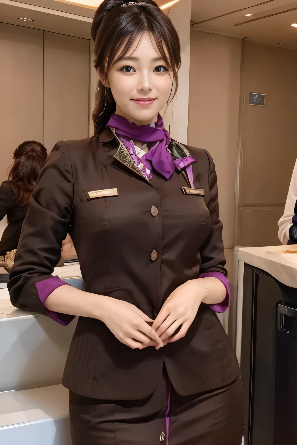 (masterpiece:1.2、highest quality:1.2)、32K HDR、High resolution、(alone、1 girl、Slim figure)、(A realistic reproduction of the ETIHAD Airways Cabincrew Uniform)、 (At the airport counter, Professional Lighting)、Airport counter wall background、A proper woman, Beautiful Face,、(Long sleeve ETIHAD Airways Cabincrew Uniform)、(ETIHAD Airways Cabincrew Uniform skirt with purple stripe on the front)、(scarf on chest)、Big Breasts、(Long Hair Up、Hair Bun)、Dark brown hair、Long Shot、((Great hands:2.0))、((Harmonious body proportions:1.5))、((Normal limbs:2.0))、((Normal finger:2.0))、((Delicate eyes:2.0))、((Normal eyes:2.0)))、Beautiful standing posture、smile、Place your hands around your stomach