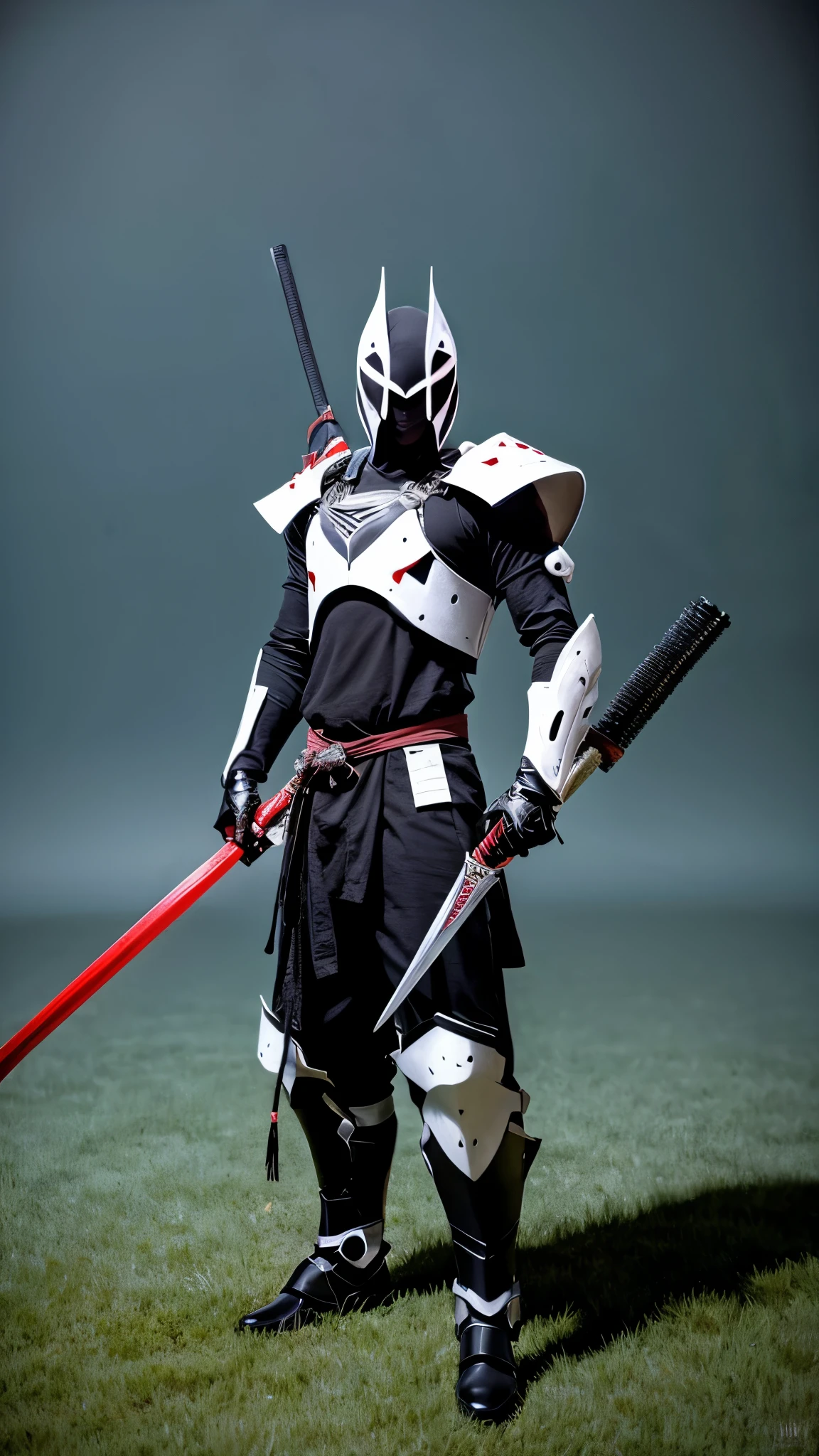 an evil samurai standing in the field with a rifle, cooling magic weapon, ghost in a sheath, evil sword, a ninja with a water wave katana, sharp Final Fantasy 14, awakened samurai, holding scythe, a robot, naginata-wielding ninja shadow Shinobi, wandering samurai man, playable cart, toad samurai, lolita.white.Cyborg ninja.super mask with cybernetic suit.