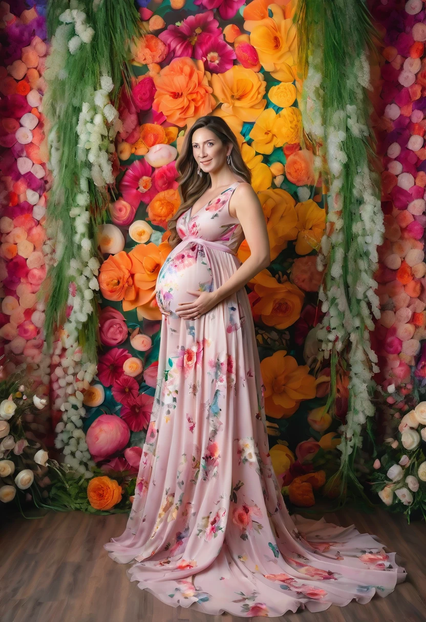 pregnant woman in colorful dress standing in front of floral wall, maternal photography 4 k, floral painted backdrop, floral art novuea dress, lady with glowing flowers dress, full body portrait painting, wearing a long flowery dress, flowing gown, wearing floral chiton, full body portrait shot, colorful backdrop, full body portrait, long luxurious flowing gown, beautiful gown
