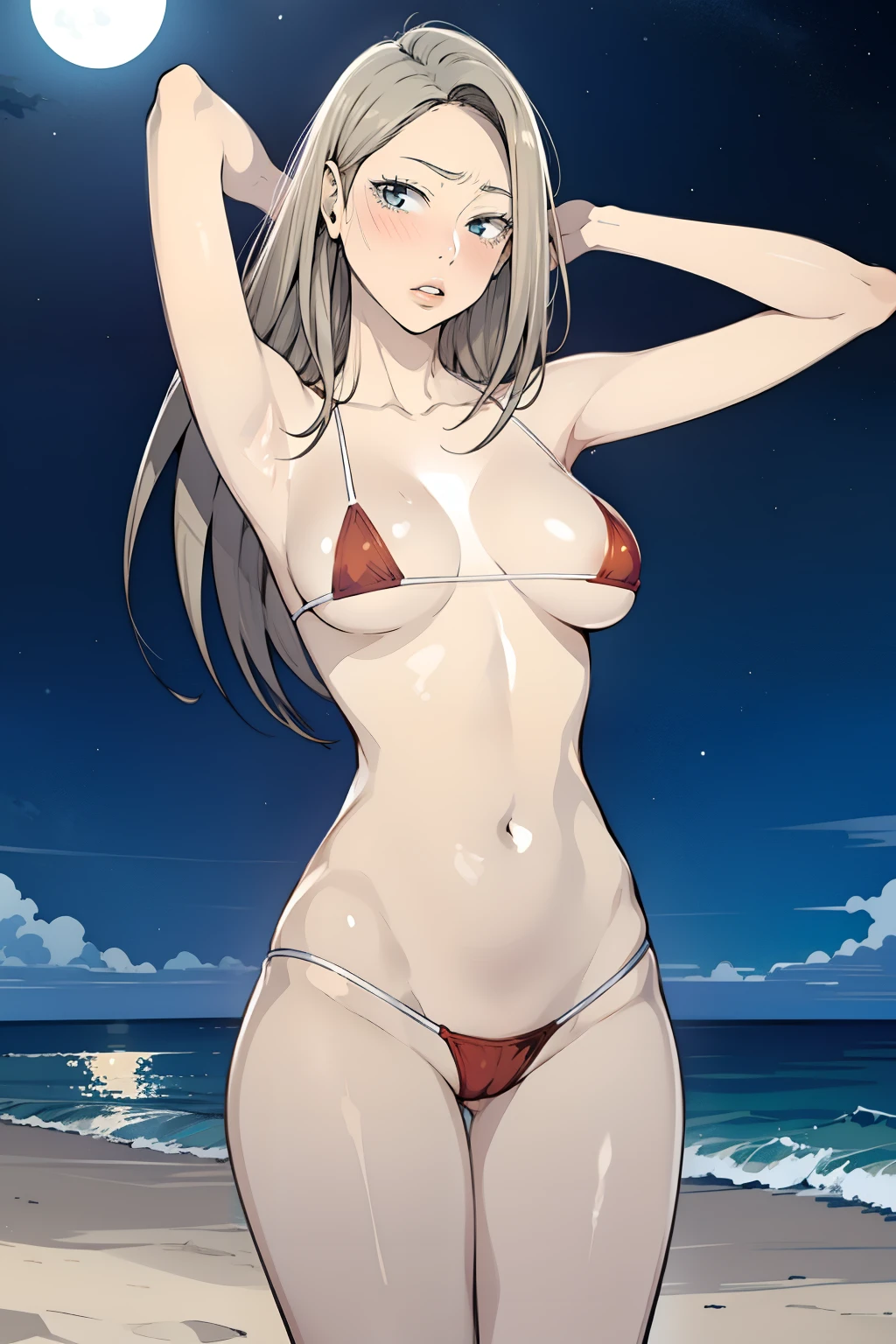 1girl, solo,underwear, navel, breasts, realistic, long hair,, lips, looking at viewer,blonde hair , collarbone, cowboy shot,standing, from below, naked, nude, red micro bikini, legs open, dynamic pose, white skin, pale skin, arms behind head, outside, night time, moon,stars,beach sand, cameltoes, :9, teemale, show both armpits, sweaty armpits