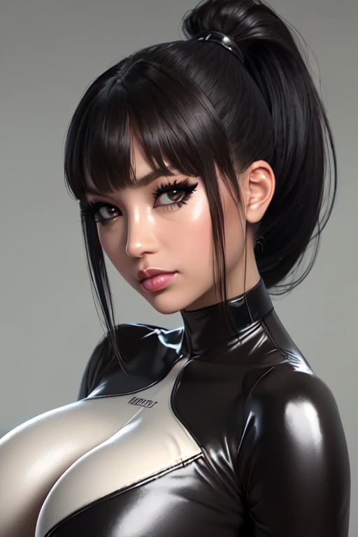 (ultra realistic,32k,RAW photo:1.1),(high detailed skin:1.1), 8k uhd, dslr, high quality, film grain, (makeup, mascara:1.1), lips,(thick\lips\), 
(shiny glossy translucent clothing:1.1), rven, black hair, brown eyes, bangs, ponytail, bodysuit, skin tight, gloves, latex,, huge breast, (upper body:1.1),
(looking at viewer, portrait:1.1),, 
 (busty:1.1) ,  (chubby:0.1),(tenebrism:1.1),dark theme, blank background