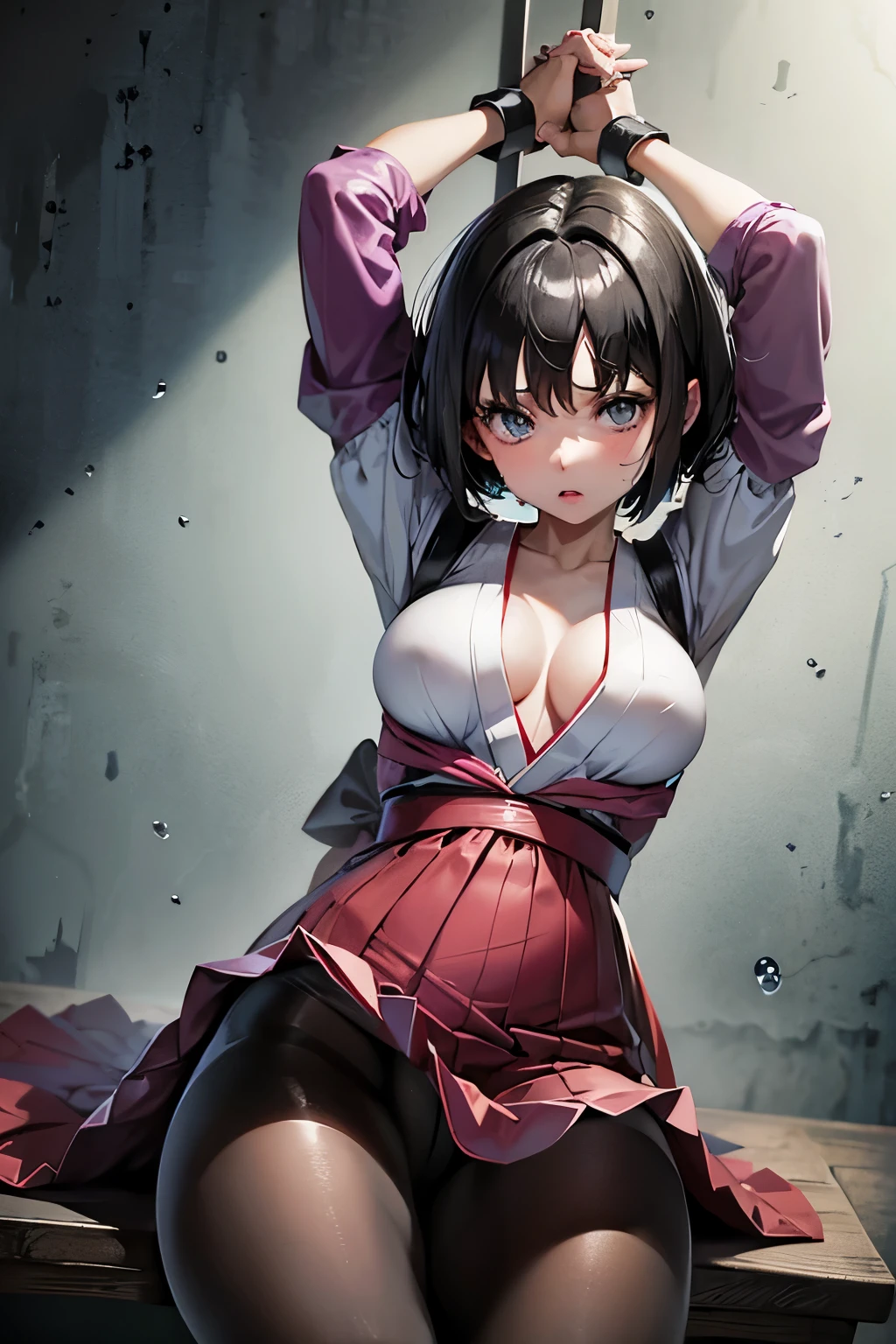 Erica、Pokémon、Black Hair、Short Hair、((Hakama))、Large 、Jail、One girl、((pantyho(Long gloves)、(first round)、(Chained)、((Crucified on the examination table))、(Being restrained)、Leg spread