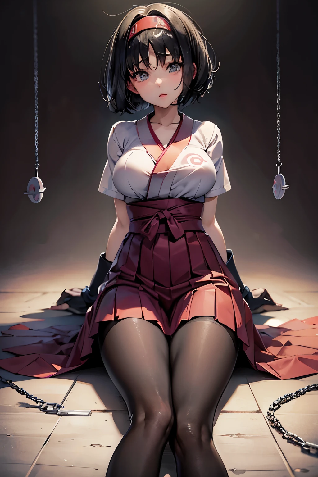 Erica、Pokémon、Black Hair、Short Hair、((Hakama))、Large Breasts、Jail、One girl、((pantyhose))、(Long gloves)、(first round)、(Chained)、((Crucified on the examination table))、(Being restrained)、Leg spread