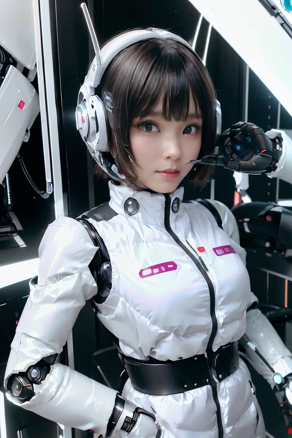 A girl in a futuristic bright white heavily armored robot suit takes a photo、perfect android girl, Female cyborg body, Perfect anime cyborg woman, Beautiful female android!, Female Robot, completely robot!! girl, Cute cyborg girl, Cyber Suit, Girl wearing mecha cybernetic armor, Cyber Suit, beutiful white girl cyborg, Beautiful female android, Beautiful girl cyborg、Cute cyborg girl with short bob hair、Beautiful android sculpture model、(Laughter)、((Rounded, white, sturdy armor))、(((Equipped with long sensor antennas on both ears)))、(((Robot Girl)))、(((Android girls)))、