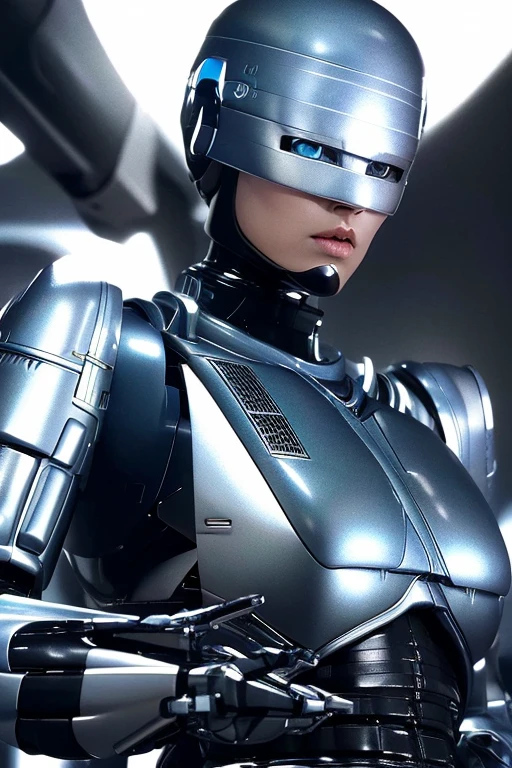 ((best quality)), ((masterpiece)), (detailed), perfect face,female Robot,Japanese Woman,50 years old,blue eye,Mechanical ear,silver metallic Robot body,like a Robocop ,Grammer Body,No Expression,Big Chest,Sexy female Robot,Perfect Robot Woman,Sex Android,Sex Robot