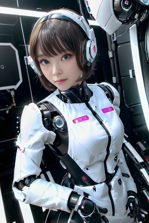 A girl in a futuristic bright white heavily armored robot suit takes a photo、perfect android girl, Female cyborg body, Perfect anime cyborg woman, Beautiful female android!, Female Robot, completely robot!! girl, Cute cyborg girl, Cyber Suit, Girl wearing mecha cybernetic armor, Cyber Suit, beutiful white girl cyborg, Beautiful female android, Beautiful girl cyborg、Cute cyborg girl with short bob hair、Beautiful android sculpture model、(Laughter)、((Rounded, white, sturdy armor))、(((Equipped with long sensor antennas on both ears)))、(((Robot Girl)))、(((Android girls)))、