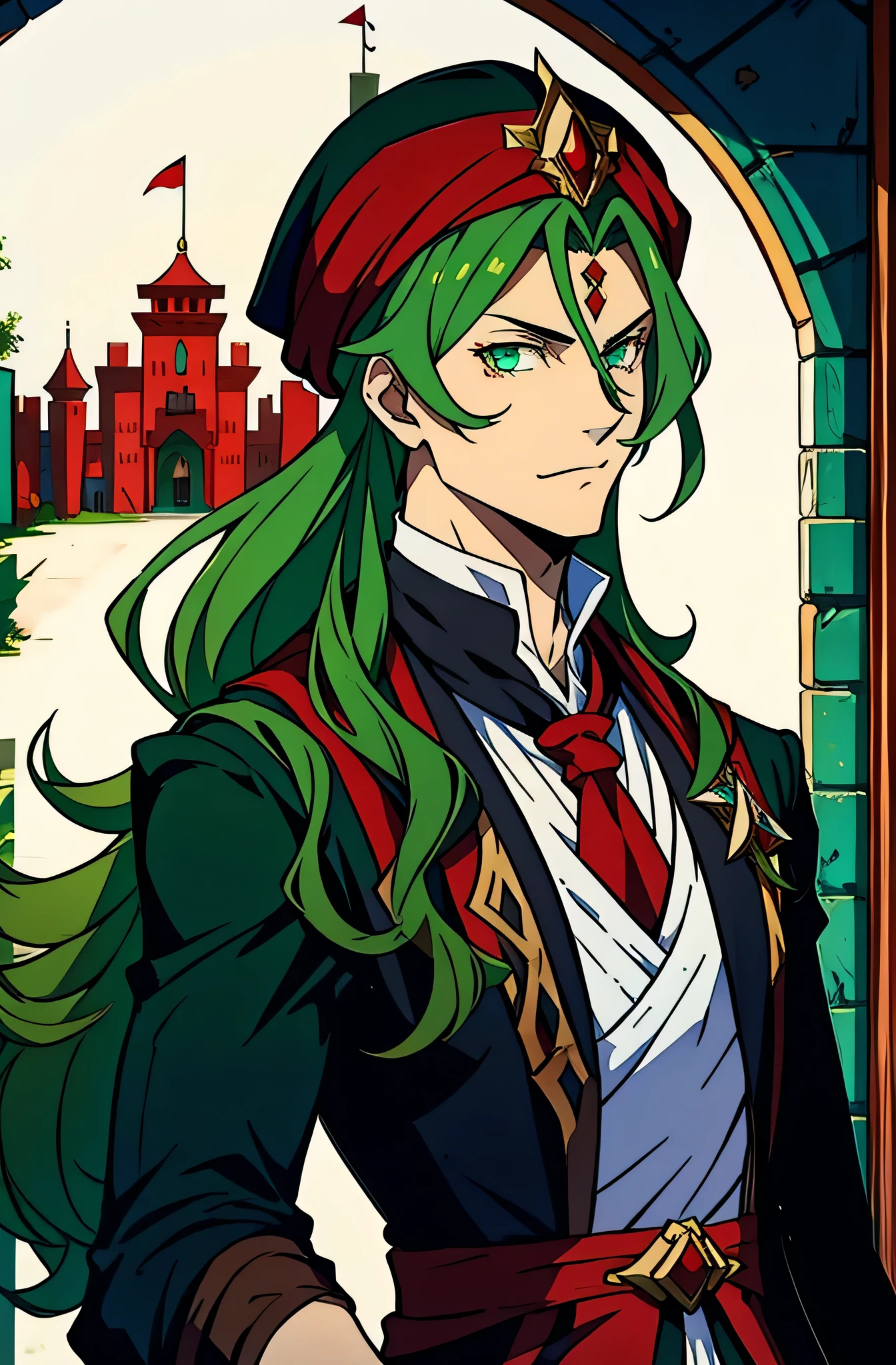 Moroccan lord Dracula in red turban Handsome muscular warrior Long Hair White Red Eyes Medieval Crystal Return to His Castle Victorious,green hair,