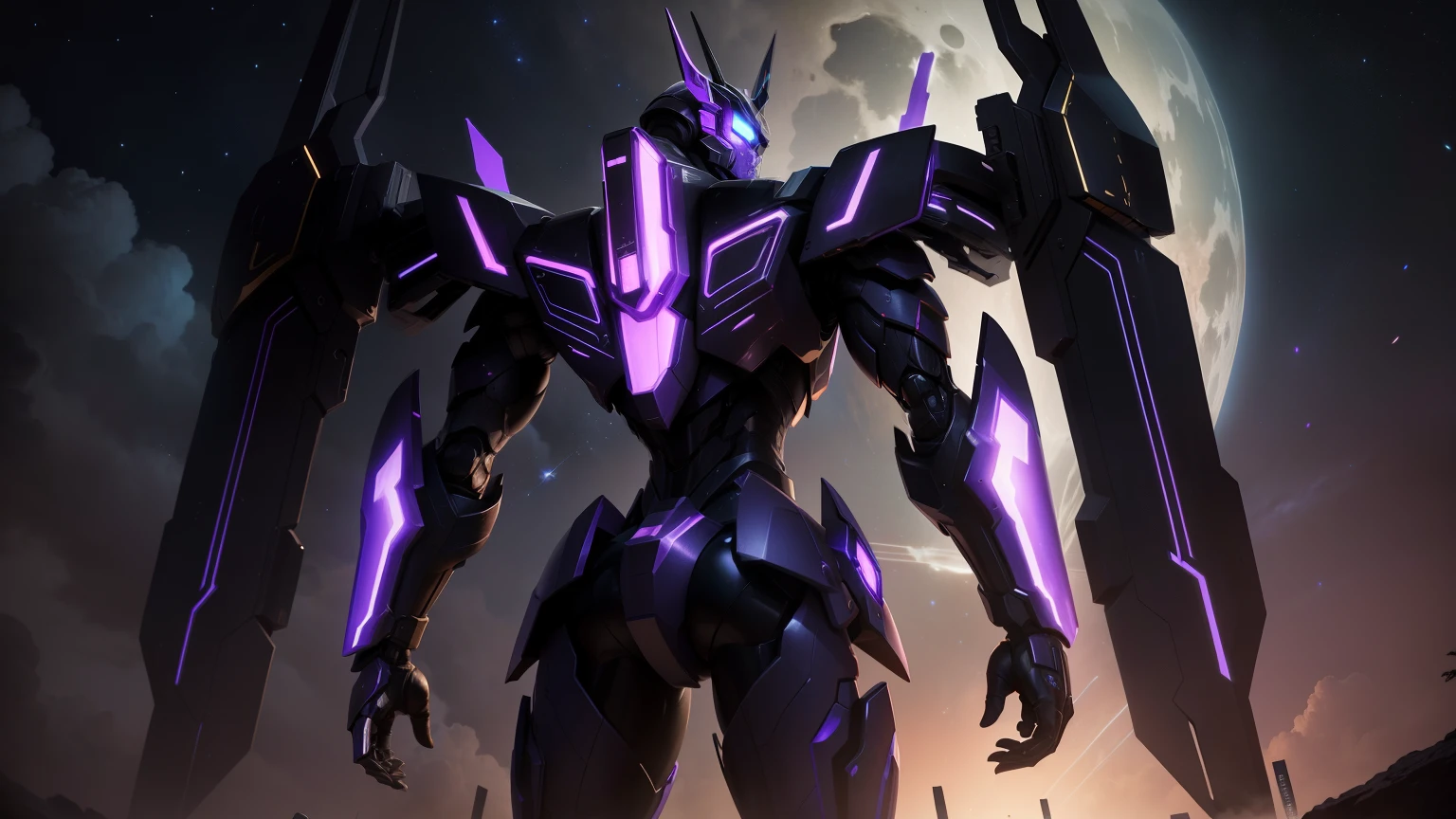 Transformers' Cyclonus, standing tall in robot mode, gazes intently at the star-studded night sky with a full-body shot captured from behind. His sleek and imposing form, silhouetted against the inky darkness, reveals the intricate mechanisms and metallic brilliance of his design. His twin jetpacks are deployed, gleaming under the moonlight, while his optics are fixed towards the cosmos, a testament to his celestial origins.