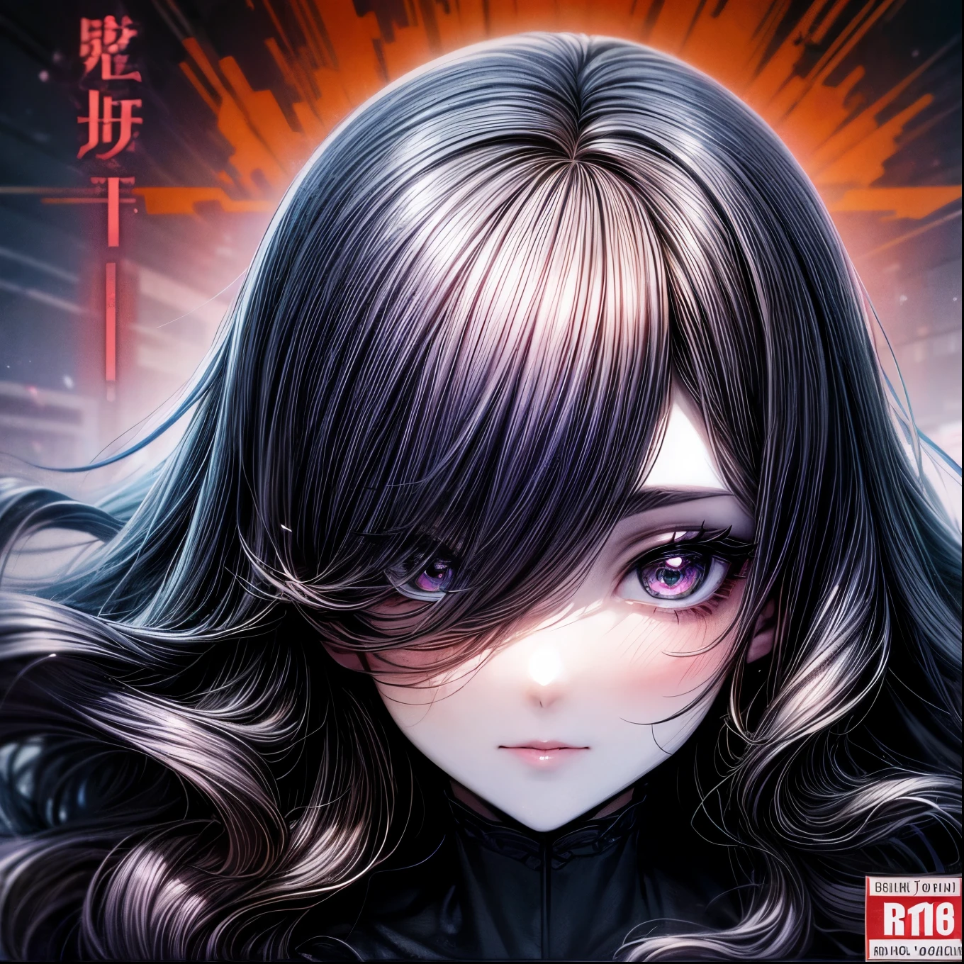 A woman，Girl illustration art，charming，Big black eyes，Pale skin，Very long curly hair，front Photo，Image photo，comic cover，Illustration Art，Colorful girl comics，Ultra-clear picture quality。