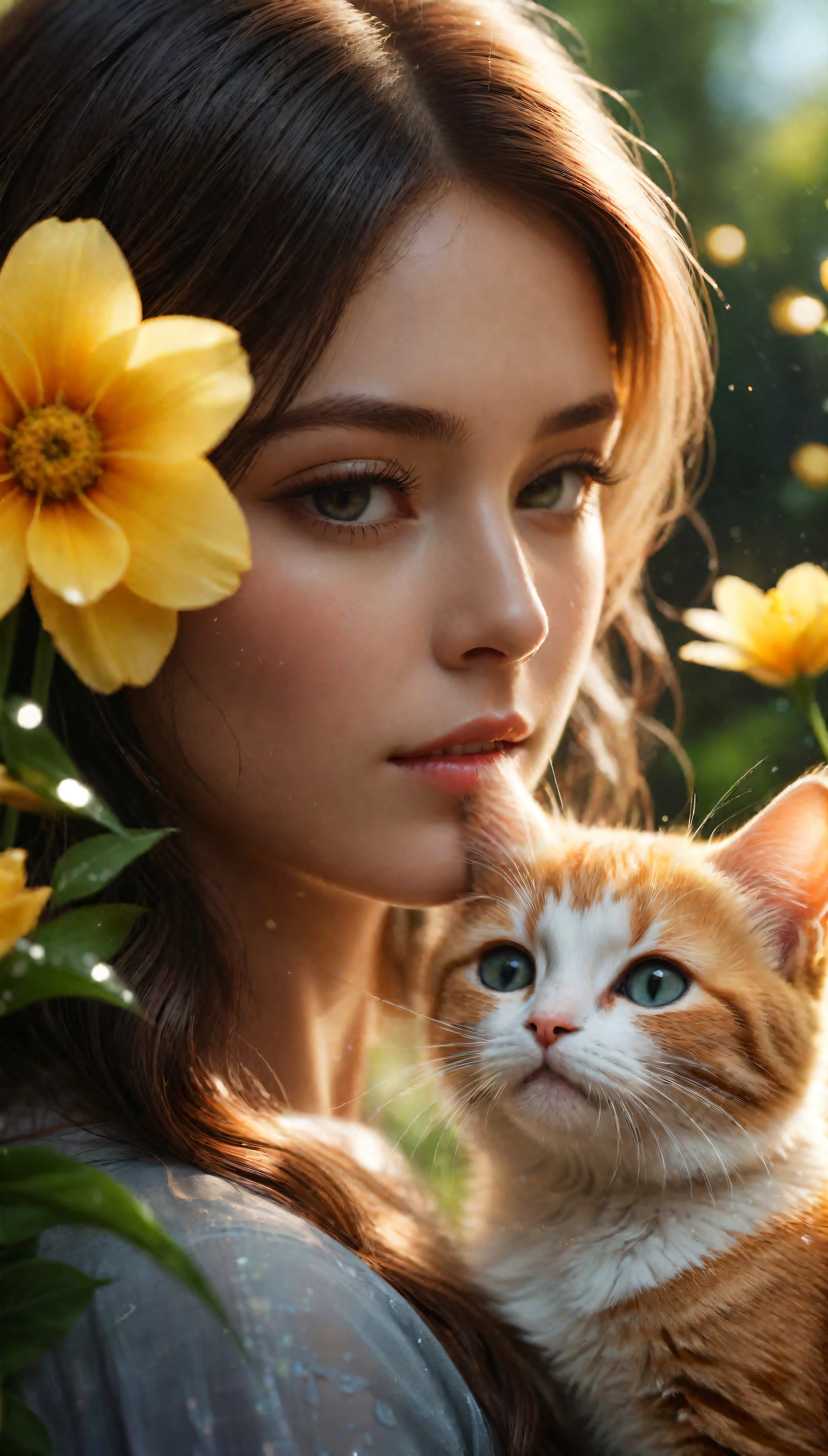 ((Masterpiece in maximum 16K resolution):1.6),((soft_color_photograpy:)1.5), ((Ultra-Detailed):1.4),((Movie-like still images and dynamic angles):1.3). | (Macro shot cinematic photo of beautiful Girl's and her cute cat), (Beautiful Girl), (focus on the cute Cat), (macro lens), (flower garden with a pond), (summer light), (tyndall effect), (Warm atmosphere), (shimmer), (light reflections), (visual experience),(Realism), (Realistic),award-winning graphics, dark shot, film grain, extremely detailed, Digital Art, rtx, Unreal Engine, scene concept anti glare effect, All captured with sharp focus. | Rendered in ultra-high definition with UHD and retina quality, this masterpiece ensures anatomical correctness and textured skin with super detail. With a focus on high quality and accuracy, this award-winning portrayal captures every nuance in stunning 16k resolution, immersing viewers in its lifelike depiction. | ((perfect_composition, perfect_design, perfect_layout, perfect_detail, ultra_detailed)), ((enhance_all, fix_everything)), More Detail, Enhance.