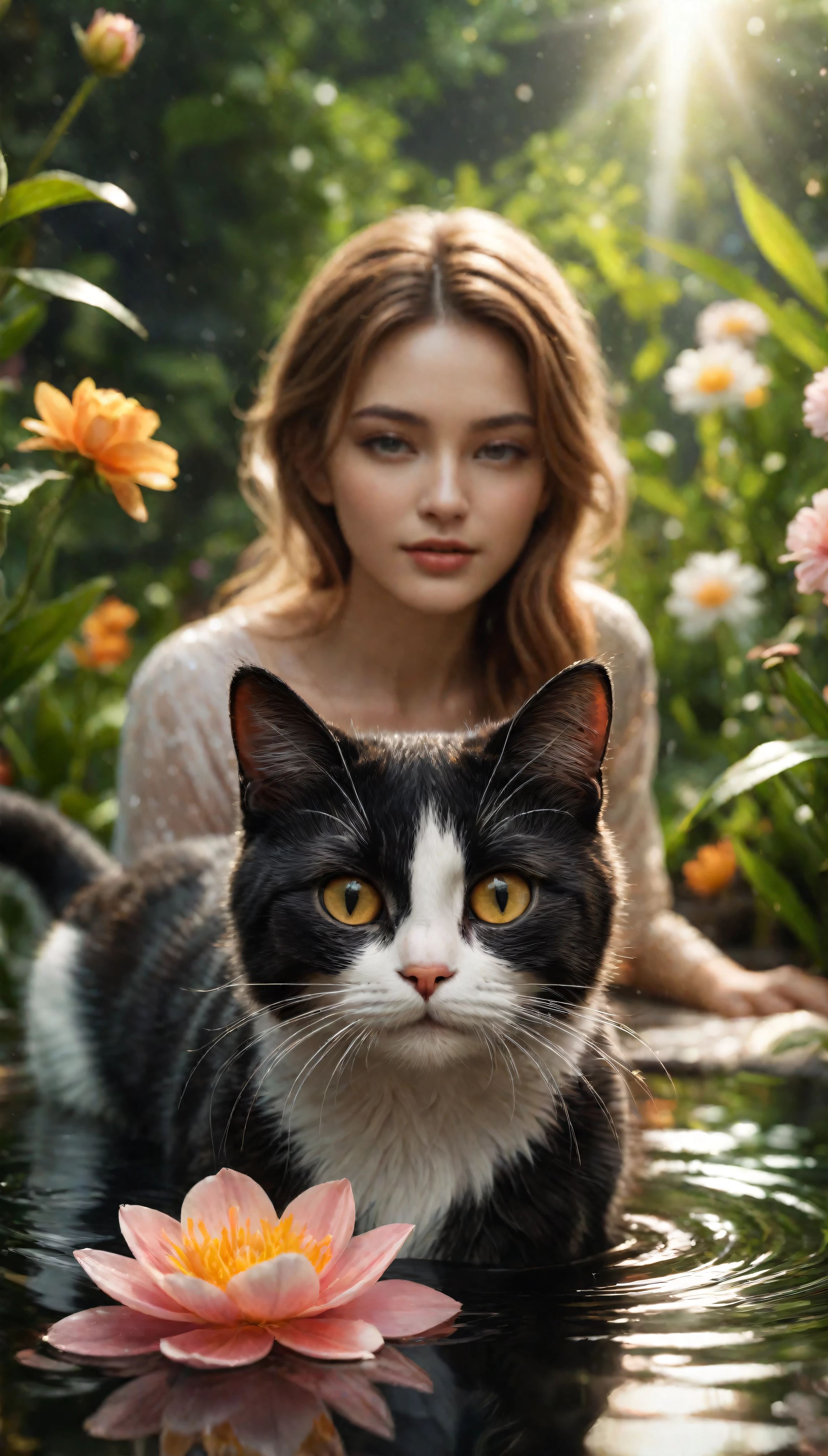 ((Masterpiece in maximum 16K resolution):1.6),((soft_color_photograpy:)1.5), ((Ultra-Detailed):1.4),((Movie-like still images and dynamic angles):1.3). | (Macro shot cinematic photo of beautiful Girl's and her cute cat), (Beautiful Girl), (focus on the cute Cat), (macro lens), (flower garden with a pond), (summer light), (tyndall effect), (Warm atmosphere), (shimmer), (light reflections), (visual experience),(Realism), (Realistic),award-winning graphics, dark shot, film grain, extremely detailed, Digital Art, rtx, Unreal Engine, scene concept anti glare effect, All captured with sharp focus. | Rendered in ultra-high definition with UHD and retina quality, this masterpiece ensures anatomical correctness and textured skin with super detail. With a focus on high quality and accuracy, this award-winning portrayal captures every nuance in stunning 16k resolution, immersing viewers in its lifelike depiction. | ((perfect_composition, perfect_design, perfect_layout, perfect_detail, ultra_detailed)), ((enhance_all, fix_everything)), More Detail, Enhance.