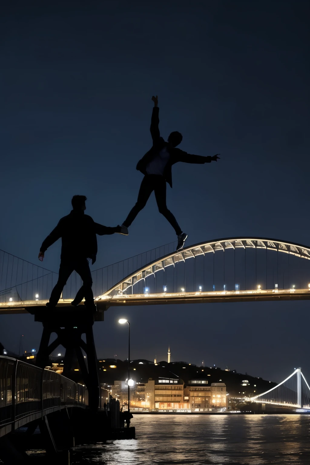 Night scene in blue tones showing two people. The first person is a young man in dark clothes extending his hand from the Istanbul bridge . The second person, a girl, is wearing light clothes and leans his body back, as if falling in the air, trying to grab the first person’s hand. In the background, a cityscape and a bridge crossing the water appear