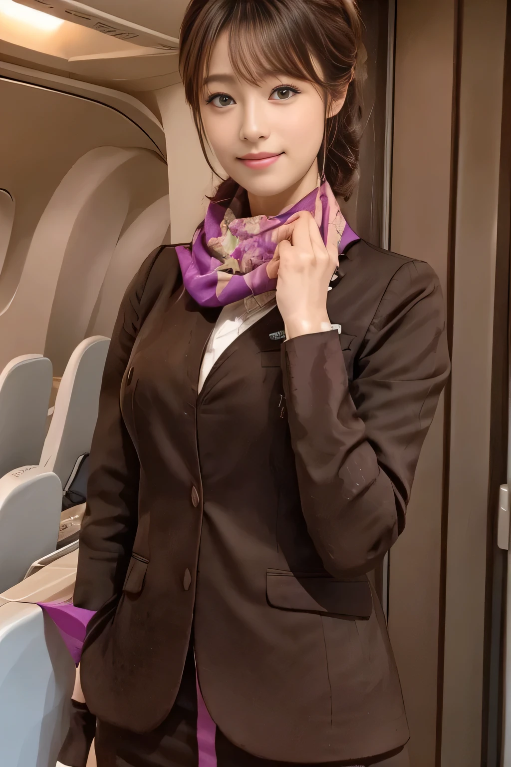 (masterpiece:1.2、highest quality:1.2)、32K HDR、High resolution、(alone、1 girl、Slim figure)、(A realistic reproduction of the ETIHAD Airways Cabincrew Uniform)、 (On board, Professional Lighting)、A proper woman, Beautiful Face,、(Long sleeve ETIHAD Airways Cabincrew Uniform)、(ETIHAD Airways Cabincrew Uniform skirt with purple stripe on the front)、(scarf on chest)、Big Breasts、(Long Hair Up、Hair Bun)、Dark brown hair、Long Shot、((Great hands:2.0))、((Harmonious body proportions:1.5))、((Normal limbs:2.0))、((Normal finger:2.0))、((Delicate eyes:2.0))、((Normal eyes:2.0)))、Beautiful standing posture、smile、Place your hands around your stomach