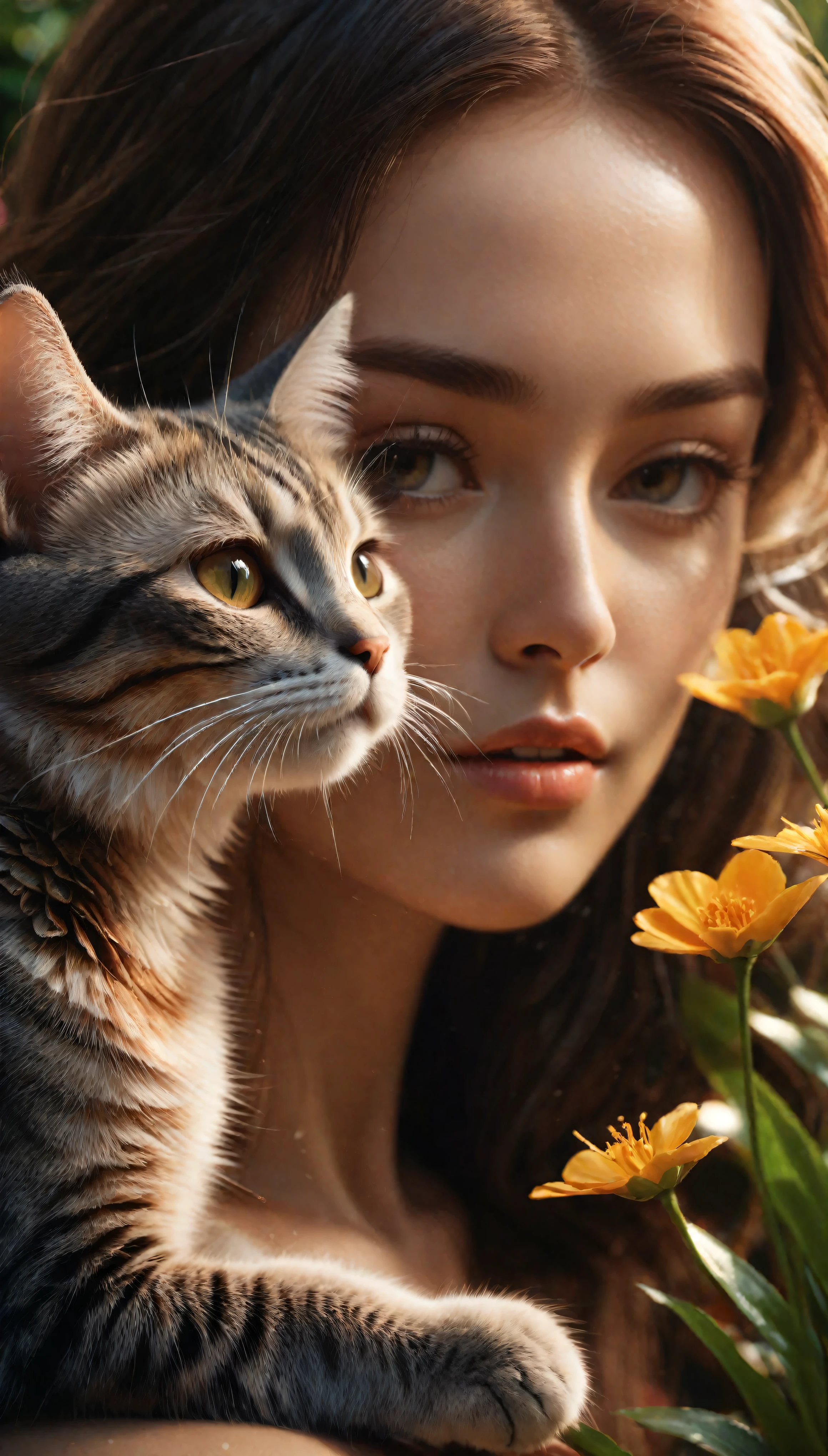 ((Masterpiece in maximum 16K resolution):1.6),((soft_color_photograpy:)1.5), ((Ultra-Detailed):1.4),((Movie-like still images and dynamic angles):1.3). | (Macro shot cinematic photo of beautiful Girl's and her cute cat), (Beautiful Girl), (focus on the cute Cat), (macro lens), (flower garden with a pond), (summer light), (tyndall effect), (Warm atmosphere), (shimmer), (light reflections), (visual experience),(Realism), (Realistic),award-winning graphics, dark shot, film grain, extremely detailed, Digital Art, rtx, Unreal Engine, scene concept anti glare effect, All captured with sharp focus. | Rendered in ultra-high definition with UHD and retina quality, this masterpiece ensures anatomical correctness and textured skin with super detail. With a focus on high quality and accuracy, this award-winning portrayal captures every nuance in stunning 16k resolution, immersing viewers in its lifelike depiction. | ((perfect_composition, perfect_design, perfect_layout, perfect_detail, ultra_detailed)), ((enhance_all, fix_everything)), More Detail, Enhance.