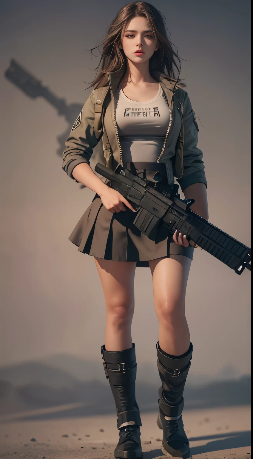 beautiful woman with assault rifle, mini skirt, plain background, detailed face, stunning eyes, glossy lips, intricate hair, realistic, photorealistic, 8k, high resolution, masterpiece, cinematic lighting, dramatic shadows, moody atmosphere, warm color palette