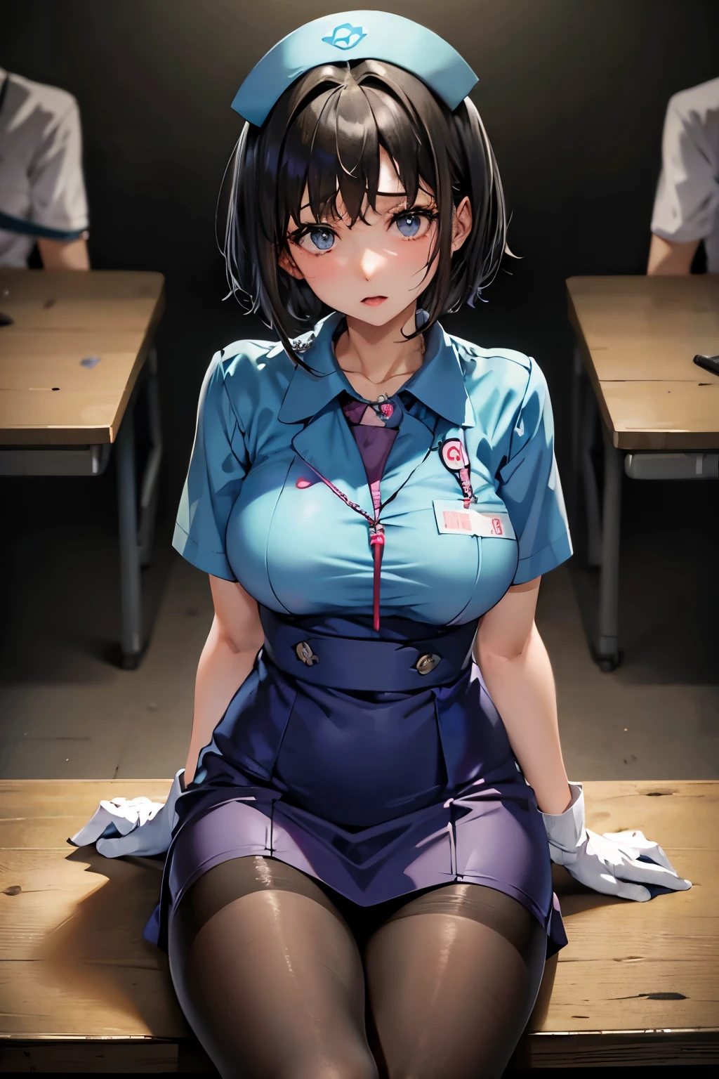 Erica、Pokémon、Black Hair、Short Hair、((Nurse uniform))、Large Breasts、Jail、One girl、((pantyhose))、(Long gloves)、(first round)、(Chained)、((Crucified on the examination table))、(Being restrained)、Leg spread