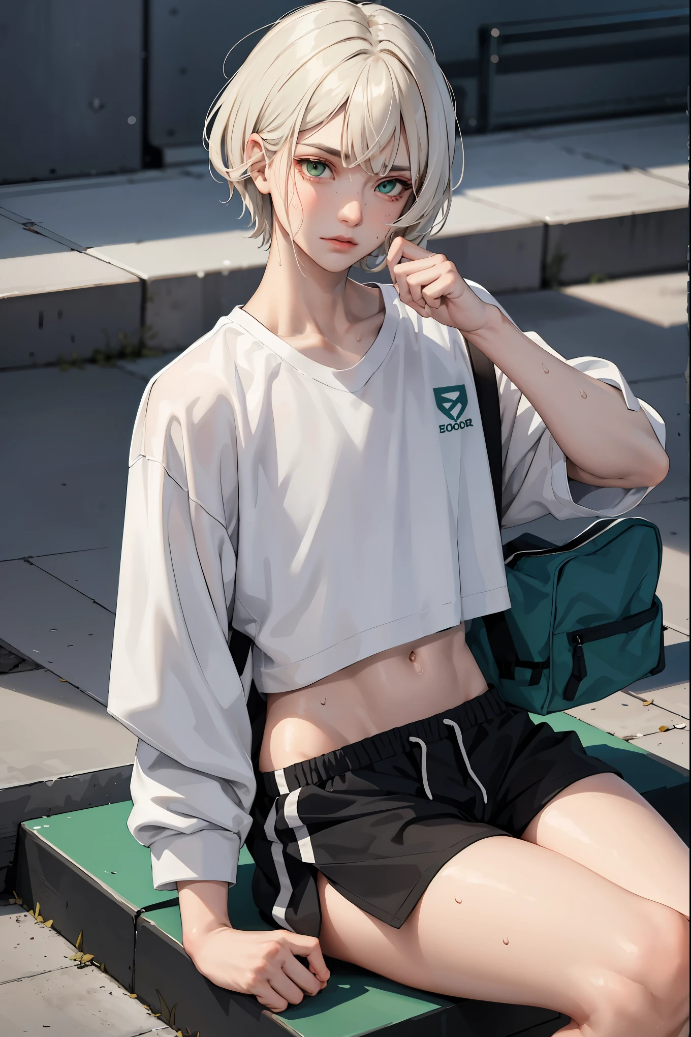 (masterpiece:1.2, best quality), (real picture, intricate details), 1guy, solo, upper body, sitting down, sitting on ground, casual, short hair, minimal makeup, natural fabrics, close-up face, tired, sweaty, physical activity, tired face, tired expression, school, short platinum blonde hair, short hair, really short hair, bangs, green eyes, femboy, male, feminine male, femboy, femboy PE, school PE shorts, athletic shorts, shirtless, femboy torso, black athletic shorts, sweaty, sweat, bangs on forehead, Korean bangs, cute bangs, femboy face, 1adult, 1 femboy, 1 man, (showing head and upper body), (school settings)