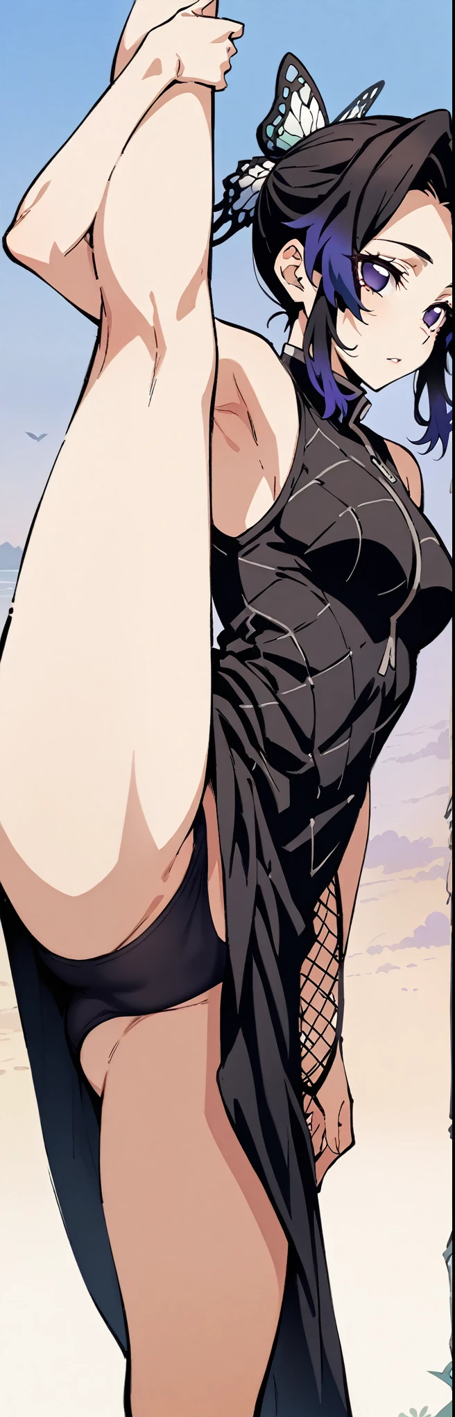 (masterpiece, best quality:1.2), 1girl, solo,standing_split,
KShinobuXLV4, Shinobu kochou, tight sleeveless clothing, Sleeveless shirt,( fishing net garment), Unzip the jacket,butterflys,detail_face, eyeslashes, shinny hair,, Gradient_sky