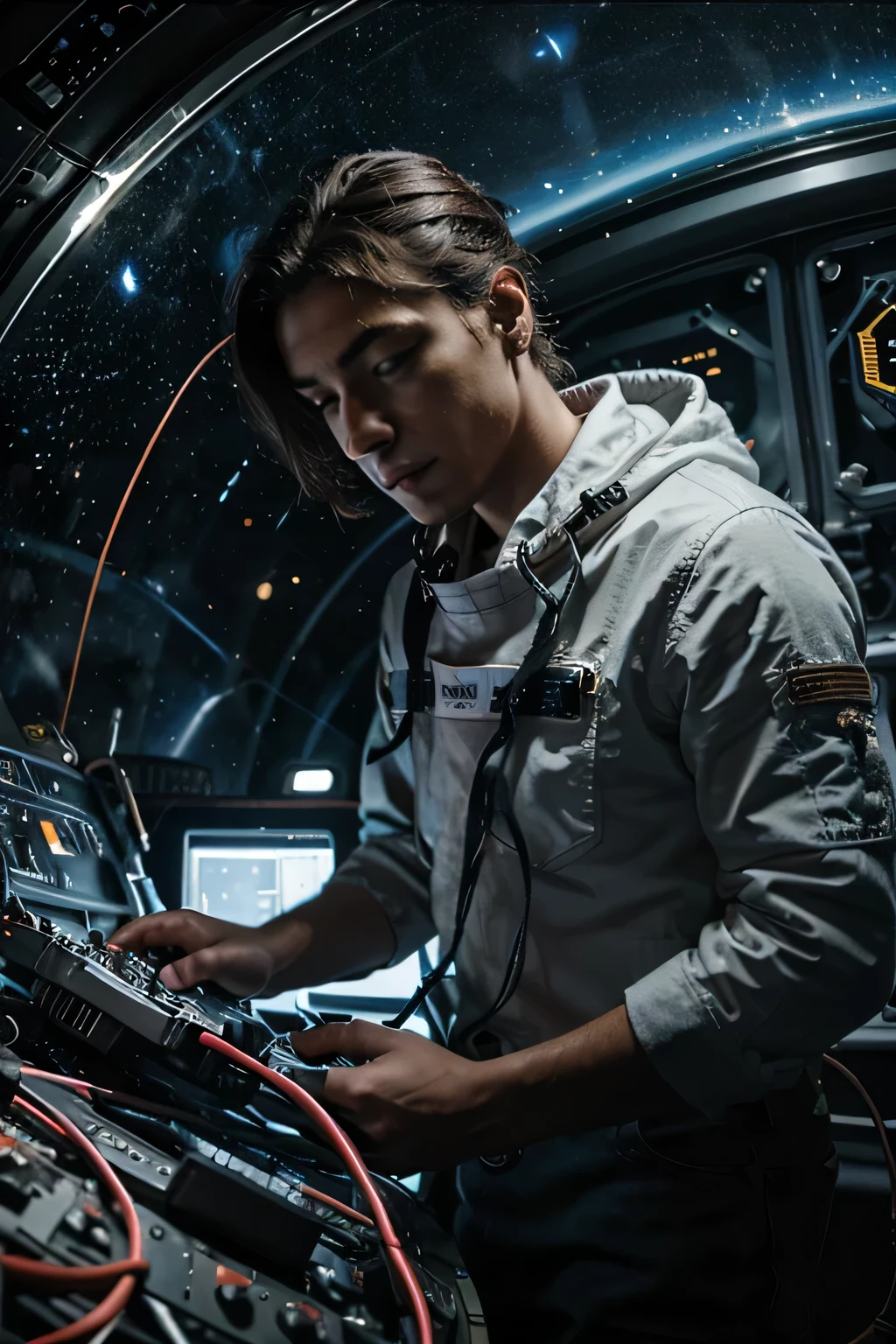 Electrical engineer in space fixing cables
