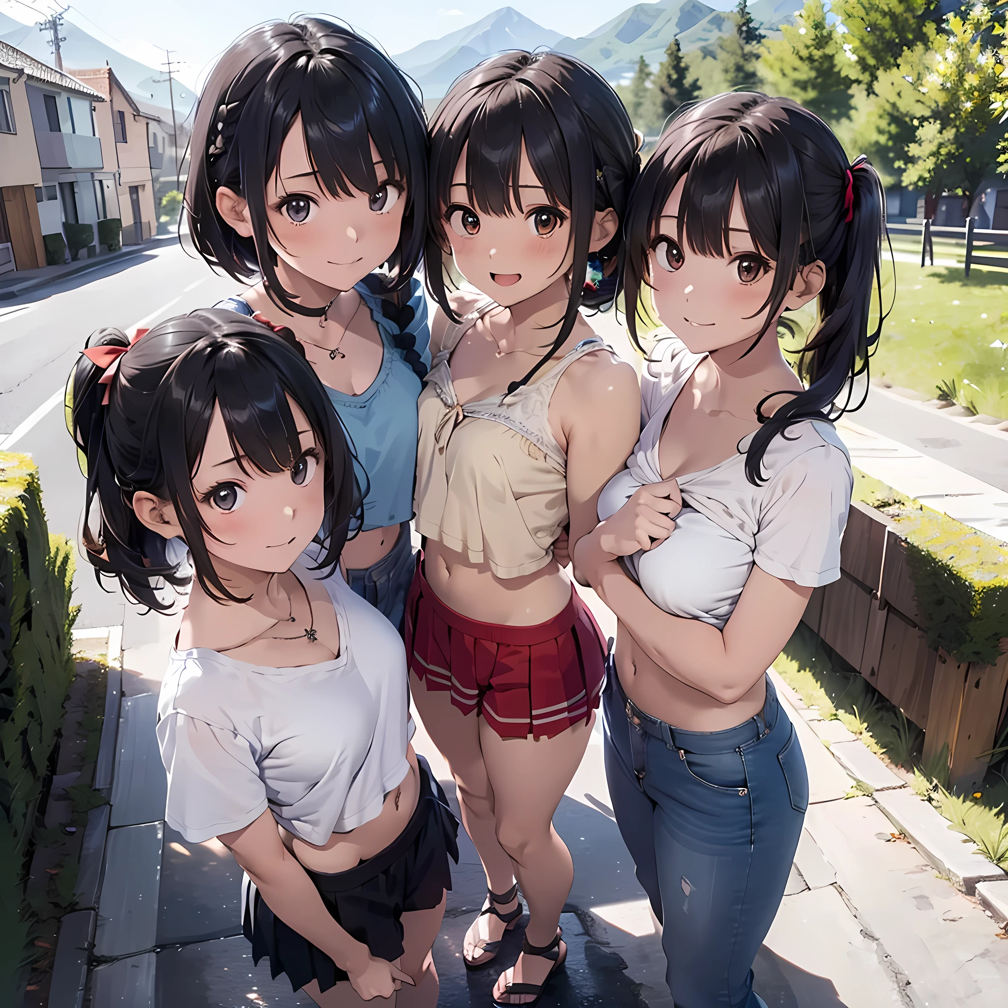 ((masterpiece, best quality, ultra quality, high quality, hyper detailed, intricate detailed, perfect anatomy, shiny skin)), ((upper body:1.2)), (three women are posing for a camera:1.4), (On the mountain trail,At the summit), (Lift up your camisole), (full nude:1.4), (smile, shy, red cheek, blush:1.2), (Open your mouth:1.6), (Stand in line) , brown hair, blond hair, navel, jewelry, looking at viewer, necklace, long hair, short hair, Abdominal muscles, straight hair, bob cut, blunt bangs, silky hair, hair clip, hair band, hair ribbon, one-length haircut, ducktail, outward curled hair, French twist hair, twintails, side ponytail, single braid, wavy hair,