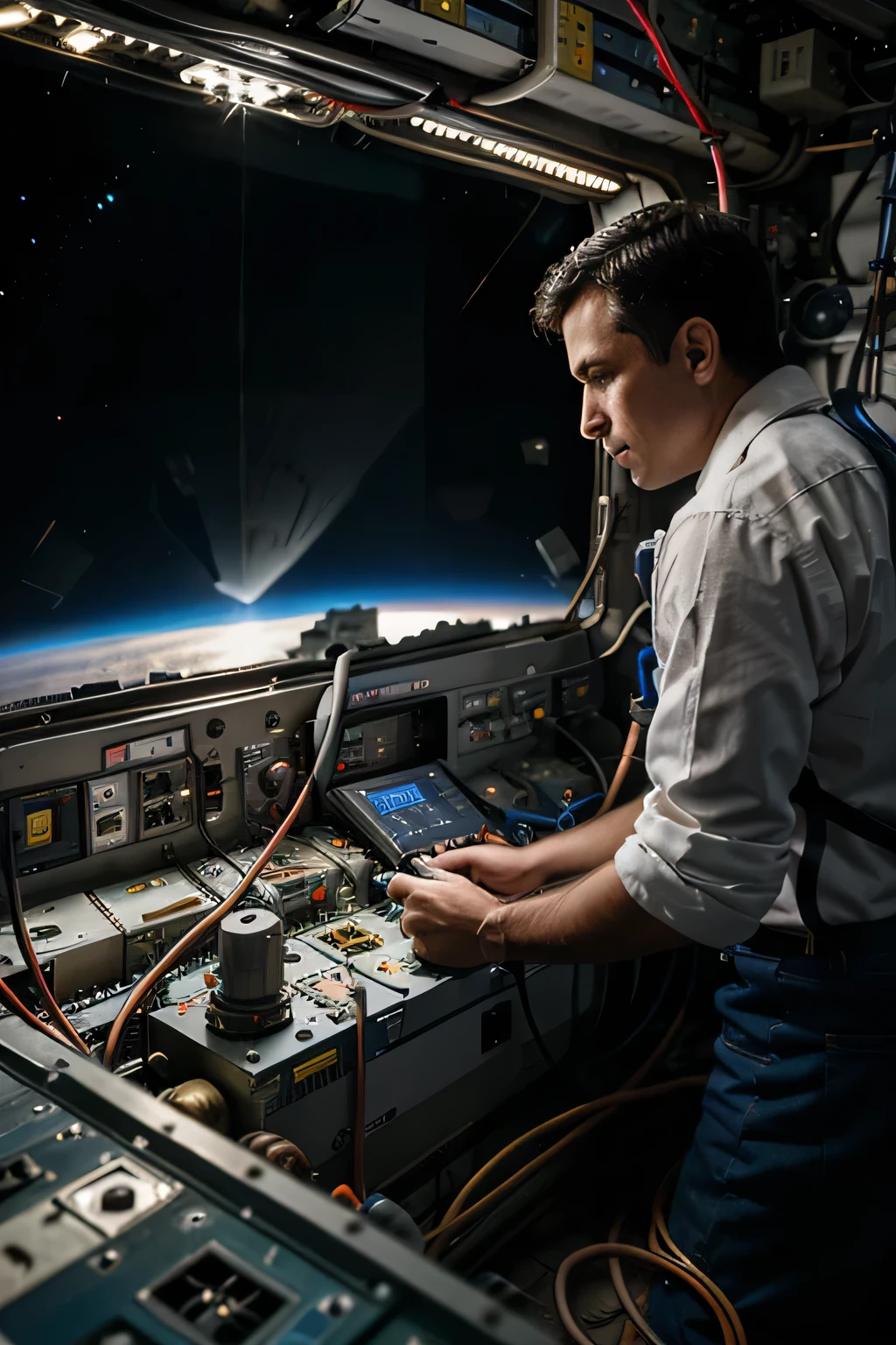 Electrical engineer in space repairing electrical panels