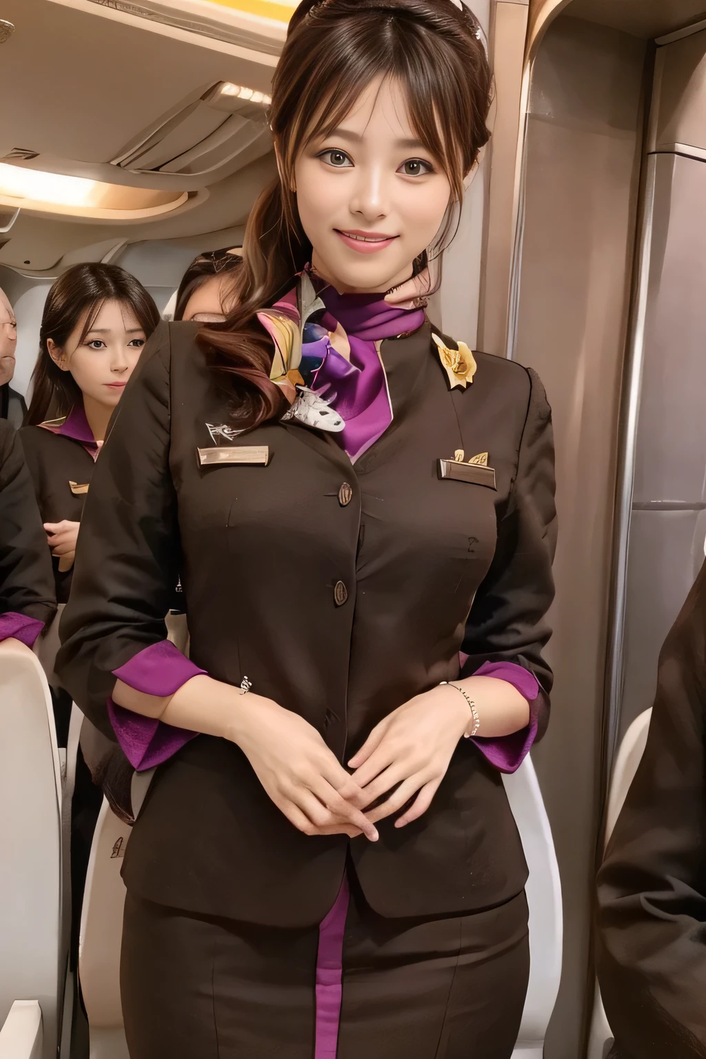 (masterpiece:1.2、highest quality:1.2)、32K HDR、High resolution、(alone、1 girl、Slim figure)、(A realistic reproduction of the ETIHAD Airways Cabincrew Uniform)、 (On board, Professional Lighting)、A proper woman, Beautiful Face,、(Long sleeve ETIHAD Airways Cabincrew Uniform)、(ETIHAD Airways Cabincrew Uniform skirt with purple stripe on the front)、(scarf on chest)、Big Breasts、(Long Hair Up、Hair Bun)、Dark brown hair、Long Shot、((Great hands:2.0))、((Harmonious body proportions:1.5))、((Normal limbs:2.0))、((Normal finger:2.0))、((Delicate eyes:2.0))、((Normal eyes:2.0)))、Beautiful standing posture、smile、Place your hands around your stomach