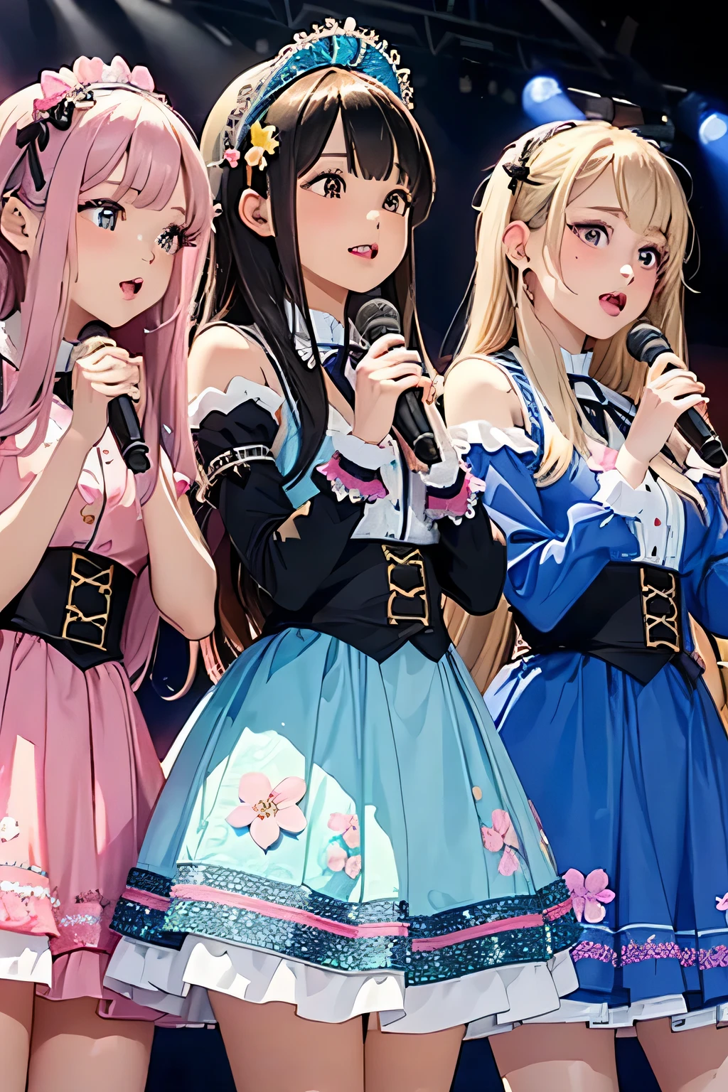 highest quality、High resolution、Detailed Background、(Beautiful face in every detail:1.4)、Anatomically correct、(Detailed facial expressions)、(Detailed eyes:1.2)、(Detailed eyes:1.2)、age beauty、(Highly detailed face:1.4)、Brightly colored hair、well-groomed eyebrows、Cute Eye Makeup、Cute Lip Makeup、Cosplay-style sailor dress、No sleeve、White Stockings、A big smile、Impressive、(Uplifting)、Idol Style、chemical light、Show your side、Hide your hands、

(Three beautiful girls singing on stage:1.5)、

Costumes and accessories are made to glow using fluorescent paints and glitter.、Bright colors and pop colors、pink、yellow、Pastel colors etc.、Ruffles and laces、Sleeves and hems of clothing、Ruffles and laces are applied to the collar etc.、Animal and floral patternotifs such as hearts、Dresses and skirts、Femininity and cuteness、Hair accessories and ribbons