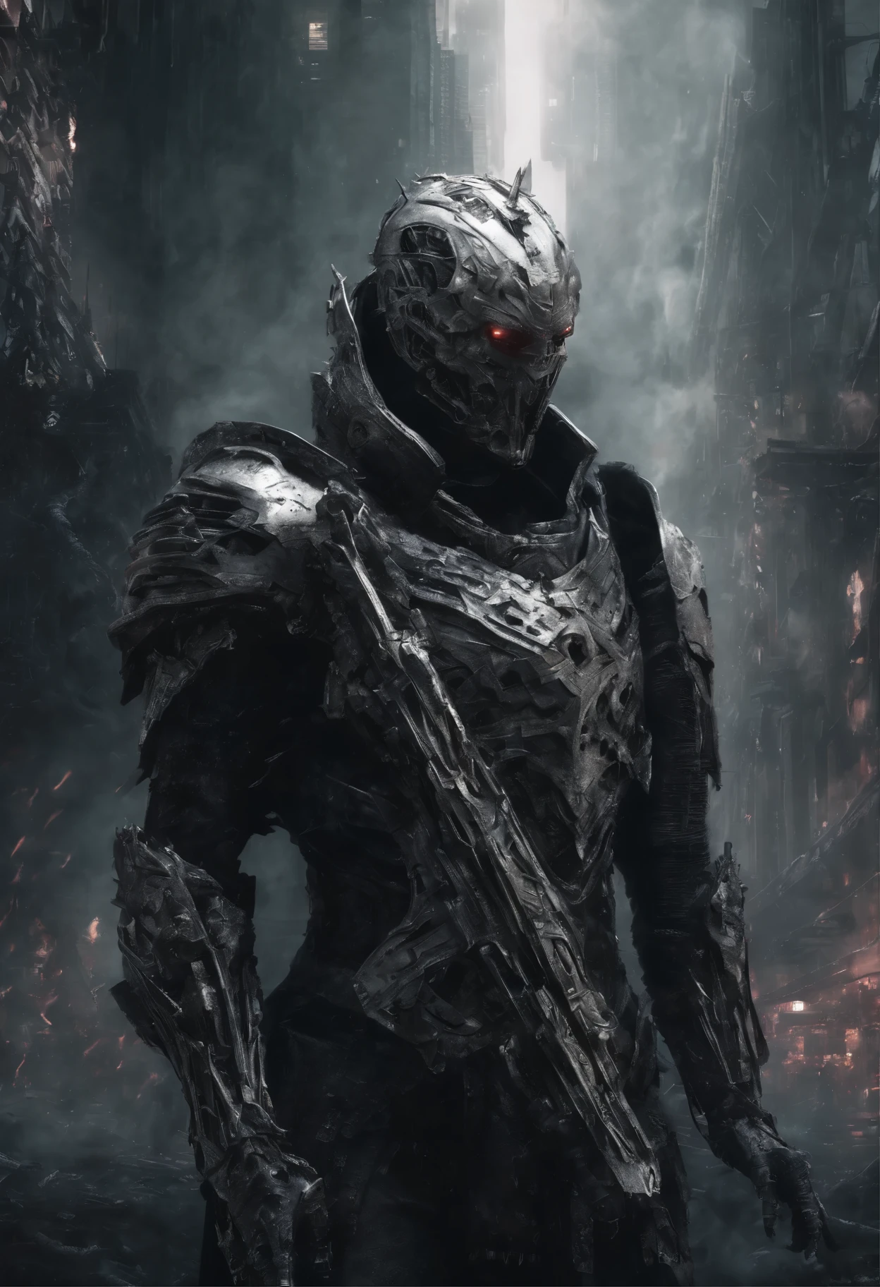 (extremely detailed 8k wallpaper), a medium shot photo of cyberpunk scary Grim dressed as a cybernetic elevatate well illustrated White knight in an armour made of space cosmic fog from marvel, intricate, high detail, dramatic, destroyed building in the background