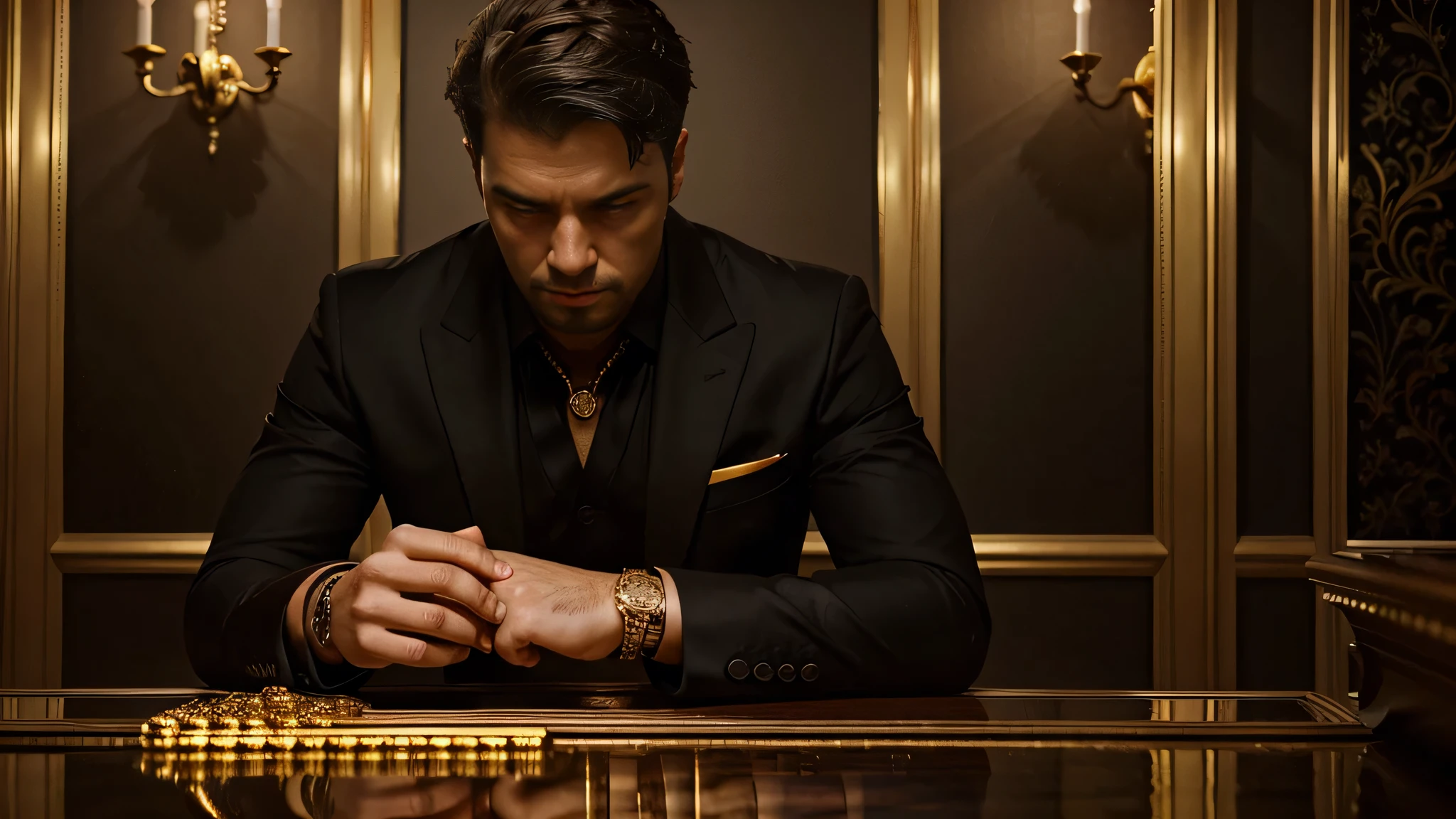 a millionaire man wearing a black suit, room full of gold and ruby bars, ultra realistic image, high level of detail, 8k, hyper realism, vivid and intense colors.