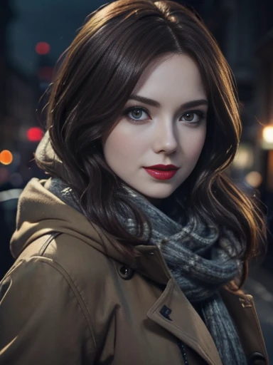 Karen Gillan、(masterpiece:1.0)、(highest quality:1.2)、(Dark Shot:1.3)、Classic Rogue、1991 Rogue X-Men、1 girl、Only one person、Head to Toe、standing on street corner、Elegant pose、(clothing: Brown winter coat、Brown hood、Down lining、White scarf、gloves、jeans) Medium Hair、Brown Hair、Wavy Hair、1 grey hair、Green Eyeischievous look、Grin、Spread your lips、Red lipstick、Heavy makeup、Confident expression、Backlight、(realism: 1.5)、(realism: 1.4)、(Messy: 1.4)、8k、Very detailed、Detailed beautiful woman、(background: midnight、It&#39;s snowing、Downtown New York、Snowy Night)、Official Art、Very detailedな CG Unity 8k 壁紙、Perfect lighting、colorful、超High resolution、photograph、8k、High resolution、Kodak Portrait 400、Film Grain、ぼやけたbackground、(Bokeh:1.2)、(Bright colors:1.2)、Film Grain:1.2、(warm color、warm colorトーン:1.2)、(カラーphotograph)、プロのphotograph