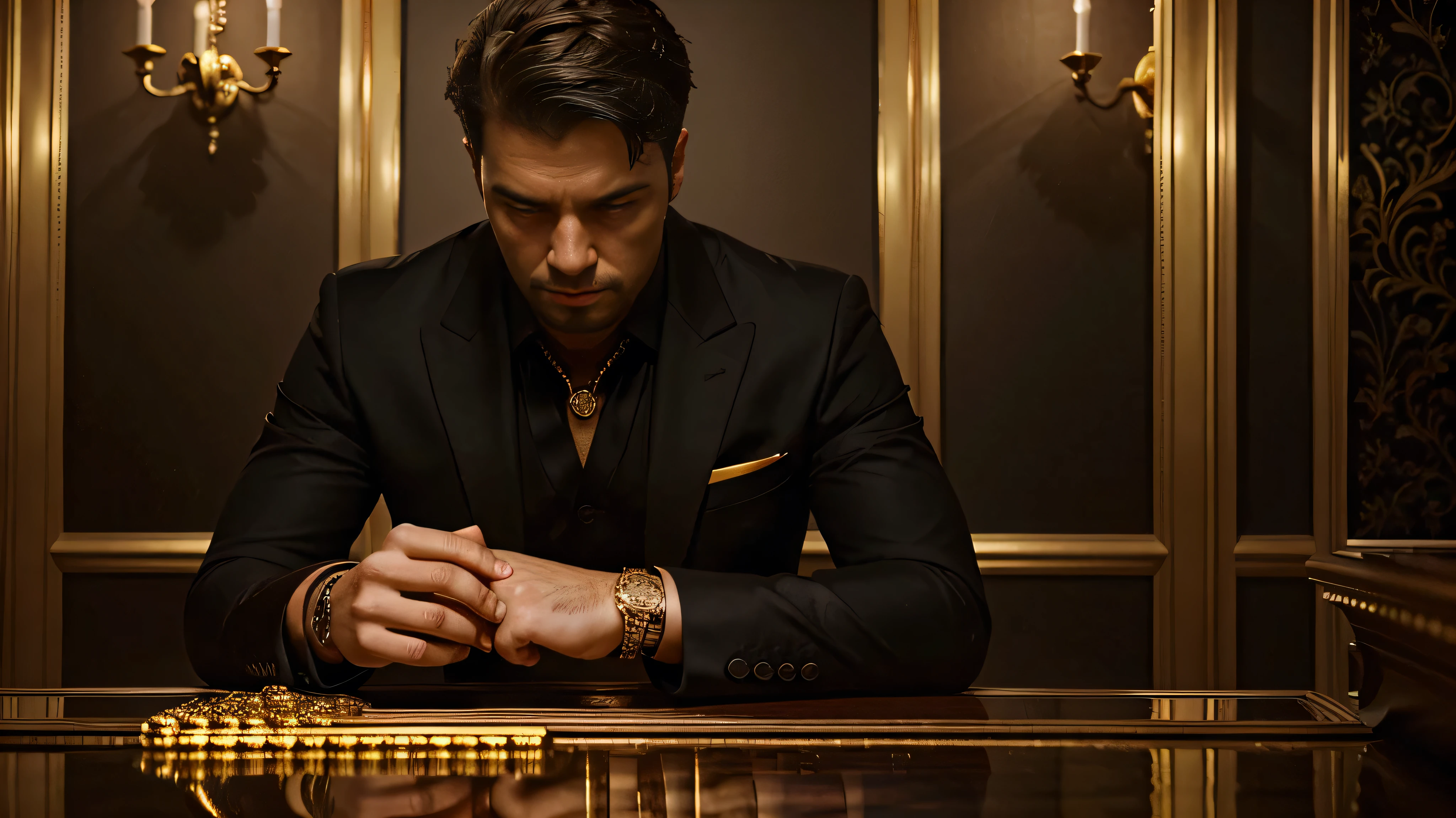 a millionaire man wearing a black suit, room full of gold and ruby bars, ultra realistic image, high level of detail, 8k, hyper realism, vivid and intense colors.