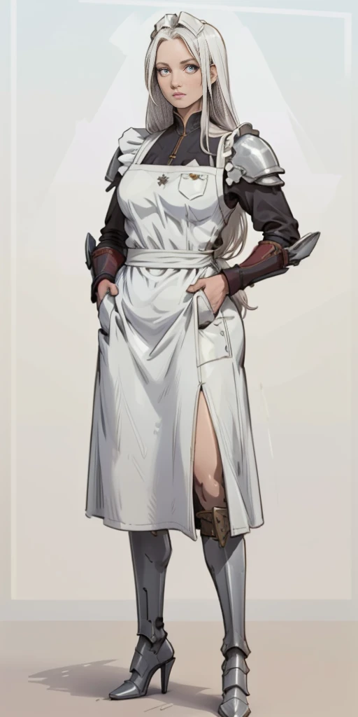 (Masterpiece, plain background:1.2) 1sologirl standing metal high heels, straight, long messy white hair, maid armor outfit, hands inside pockets, white apron with pockets
