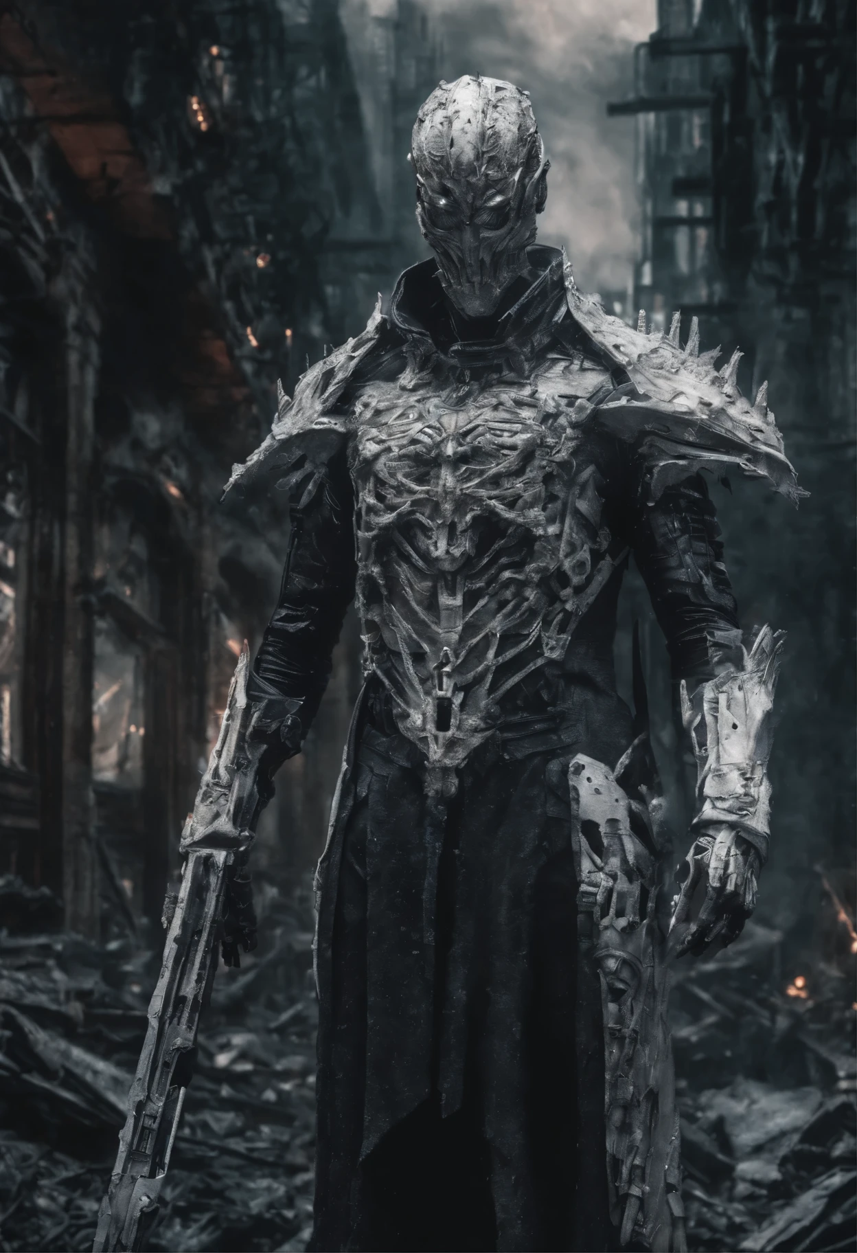 (((Top Quality: 1.4))),(Unparalleled Masterpiece),(Ultra High Definition),(Ultra-Realistic 8k CG), Grim Reaper,mecha robo soldier character,(Action Pose: 1.4),god of death, wielding a large scythe, highly detailed soldier armor and weapons, soul warden, in ruined future city, horror, with eerie white light penetrating and gradient shadows , ray tracing,(magic mysterious background, glowing particles, ethereal fog, faint darkness), hyper realistic cover photo awesome full color, Cinematic, (hyper detail: 1.2), adds depth to images with backlight effect, perfect anatomy,,cyborg style,cyborg,android