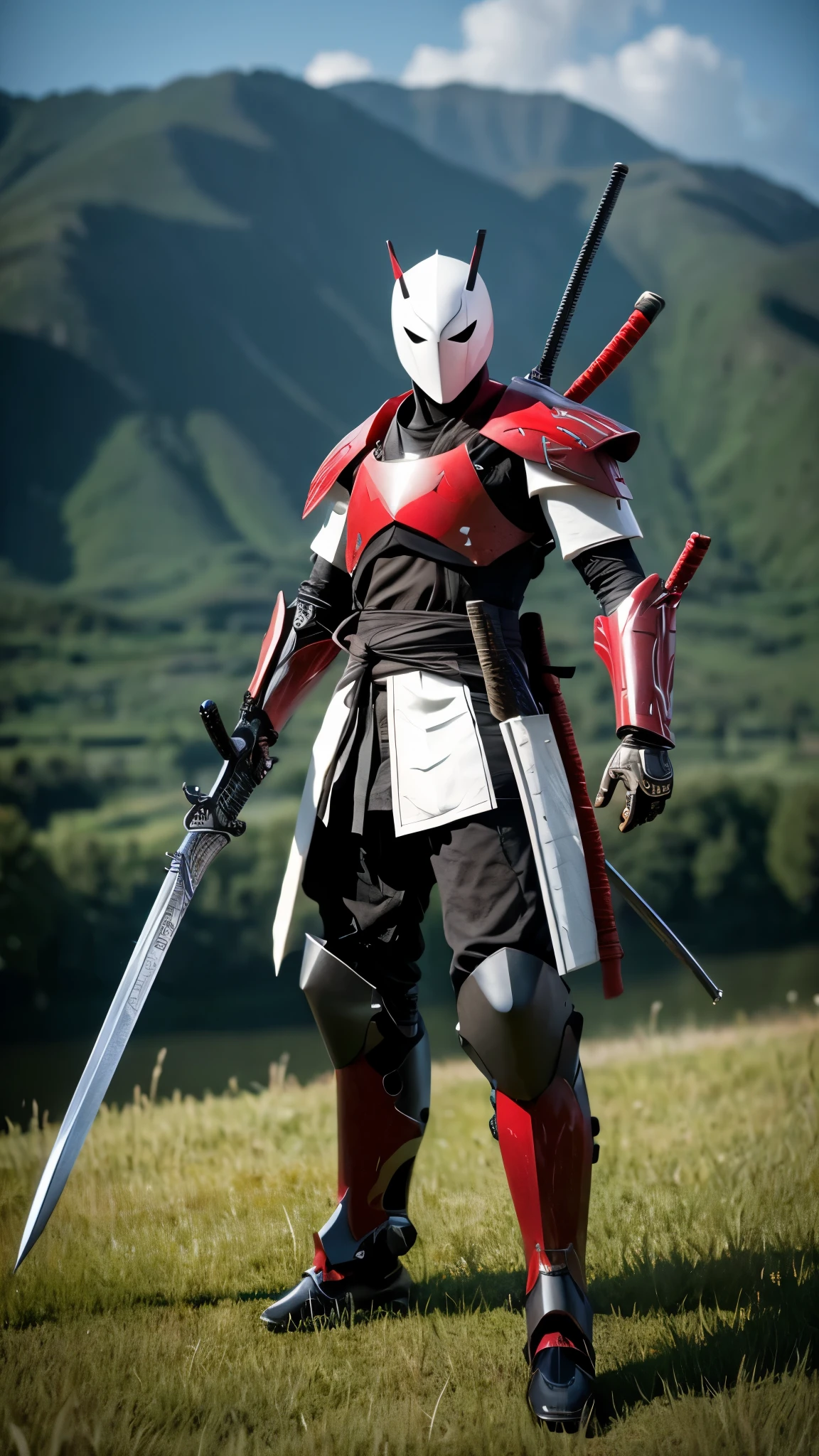 an evil samurai standing in the field with a rifle, cooling magic weapon, ghost in a sheath, evil sword, a ninja with a water wave katana, sharp Final Fantasy 14, awakened samurai, holding scythe, a robot, naginata-wielding ninja shadow Shinobi, wandering samurai man, playable cart, toad samurai, lolita.white.Cyborg ninja.super mask with cybernetic suit.