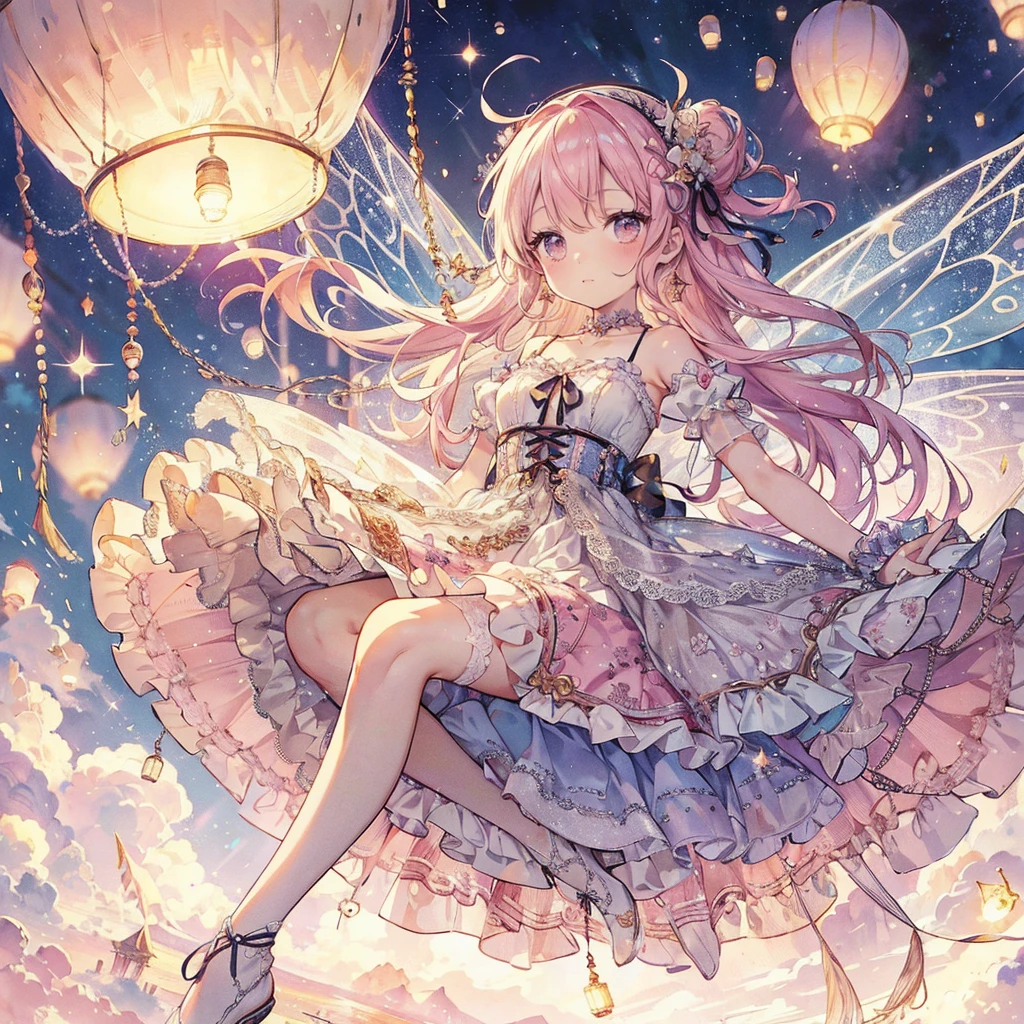 (An exquisite and beautiful highly detailed masterpiece, High quality and high resolution),(A cute and delicate illustration of a beautiful girl in pastel colors with a neat and clear face drawn with thin lines),A fairy happily flying in the sky against the background of sky lanterns flying beautifully into the sky on a sparkling starry night,A fairy with beautiful fairy wings growing from her back, wearing a frilly dress with an open neckline and knee-high socks decorated with lace, frills and ribbons, and a corset.,She is wearing a tiara, necklace, earrings and bracelet.,(A fair-skinned, short eyebrowed fairy with pale pink cheeks, a small toothless mouth with plump pink lips, beautiful eyes, and a fairly large, fluffy bust.),Lanterns fly up into the sky and the moon, stars and shooting stars are visible,Watercolor illustrations with vibrant colors, striking colors, and dynamic angles,Dream Cute,