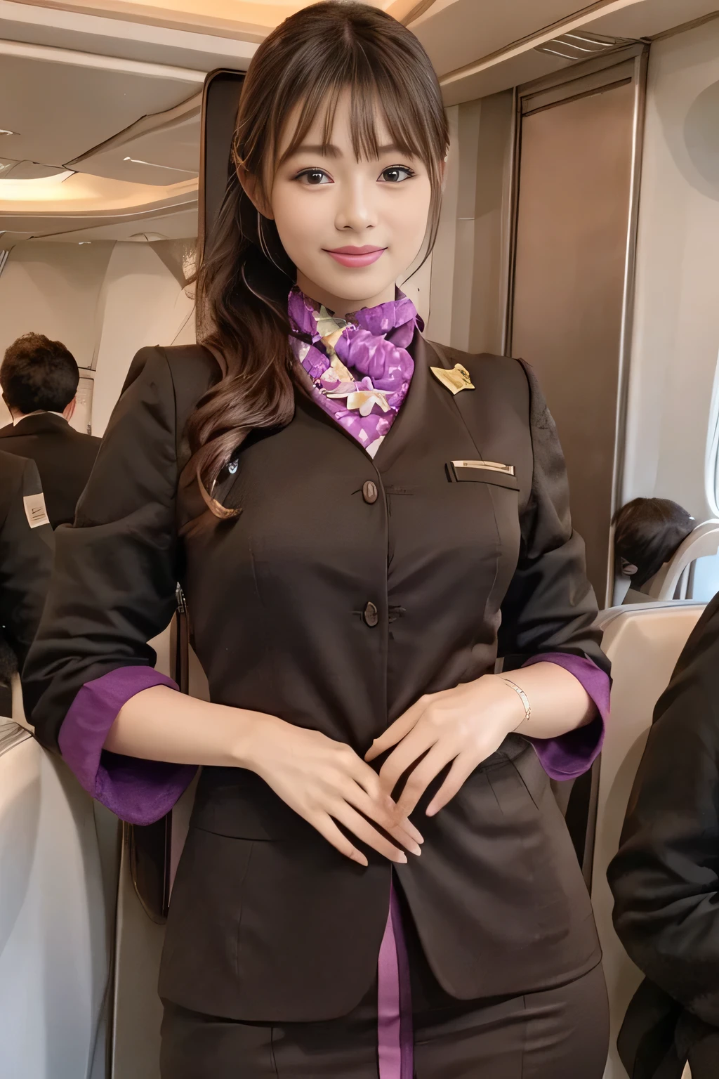(masterpiece:1.2、highest quality:1.2)、32K HDR、High resolution、(alone、1 girl、Slim figure)、（A realistic reproduction of the ETIHAD Airways Cabincrew Uniform）、 (On board, Professional Lighting)、A proper woman, Beautiful Face,、（Long sleeve ETIHAD Airways Cabincrew Uniform）、（ETIHAD Airways Cabincrew Uniform skirt with purple stripe on the front）、（scarf on chest）、Big Breasts、（Long Hair Up、Hair Bun）、Dark brown hair、Long Shot、（（Great hands：2.0））、（（Harmonious body proportions：1.5））、（（Normal limbs：2.0））、（（Normal finger：2.0））、（（Delicate eyes：2.0））、（（Normal eyes：2.0））)、Beautiful standing posture、smile、Place your hands around your stomach