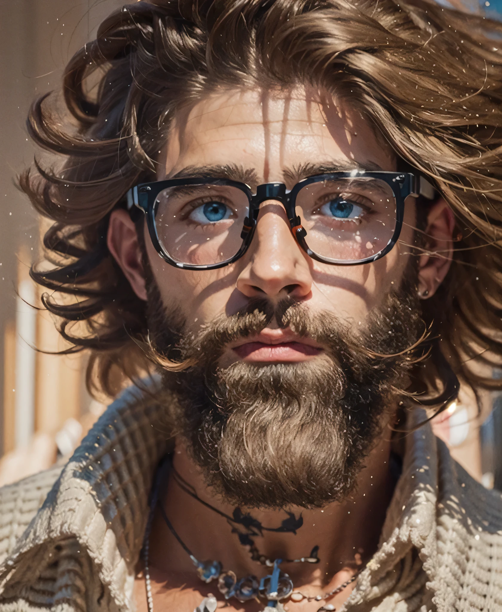 Homem branco com barba branca , With eye Glasses , cabelo castanho claro , olhos escuros , fleshy lips , um pouco gordo