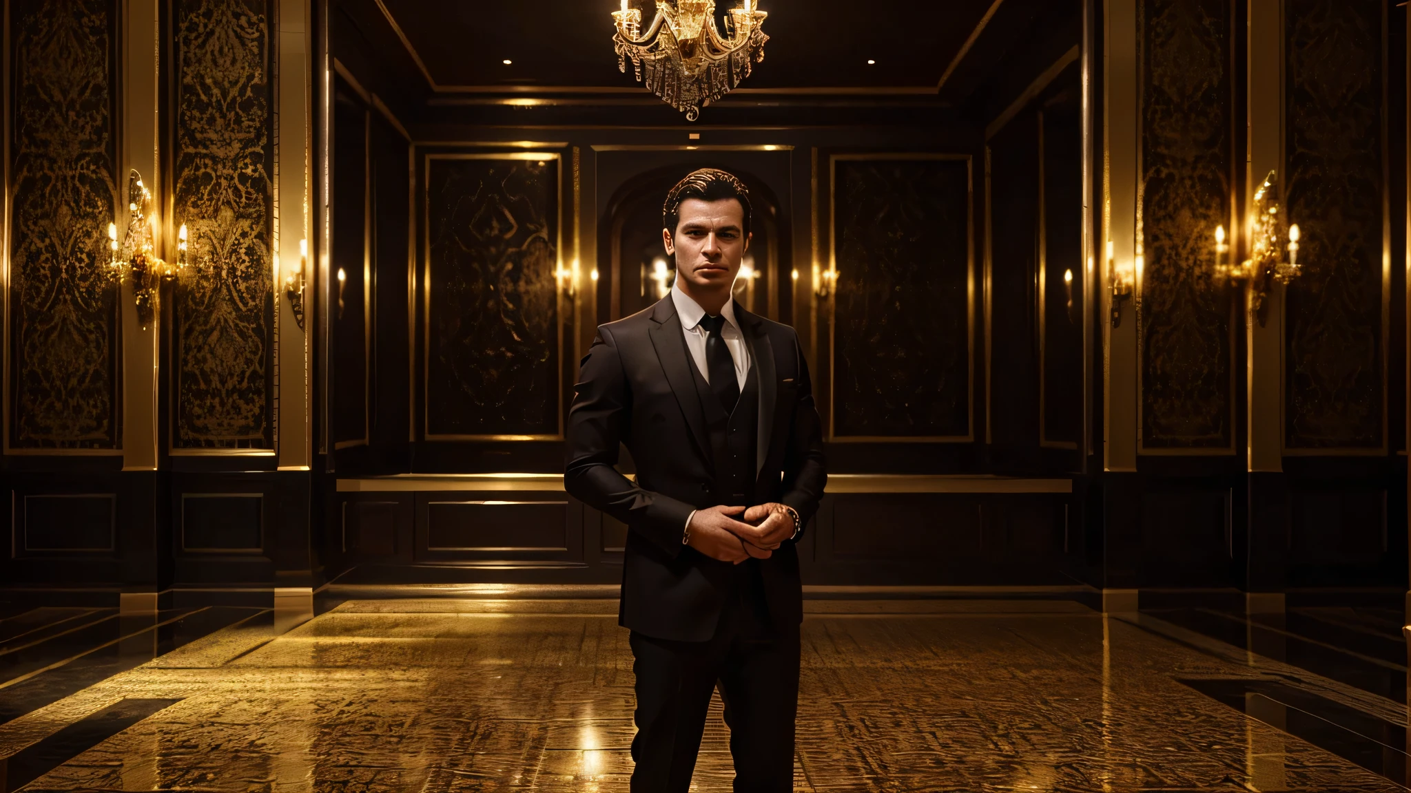 a millionaire man wearing a black suit, room full of gold and ruby bars, ultra realistic image, high level of detail, 8k, hyper realism, vivid and intense colors.
