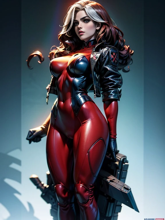 Emily Bett Rickardasterpiece、High quality 4K、villain (X-Men)、Gothic Girl、Sculpted Body Gothic Makeup、Black jacket、Red and blue bodysuit、masterpiece、highest quality、Cowboy Shots、one personの女の子、one person、Technology Military Bodysuit、fringe