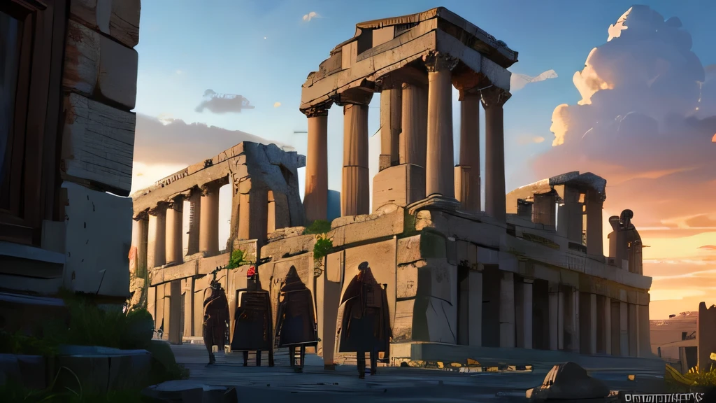 a group of warriors Roman legionaries whit muscular armor and red cape, on the street of the ancient Greek city, ancient buildings from the 1st century AD. C., dramatic lighting, cobblestone pavement, cloudy sky, muted tones, digital painting, (best quality, 8k, high resolution, masterpiece: 1.2), ultra detailed, (realistic, photorealistic, photorealistic: 1.37), cinematic lighting, dramatic atmosphere, brave realism, historical, moody