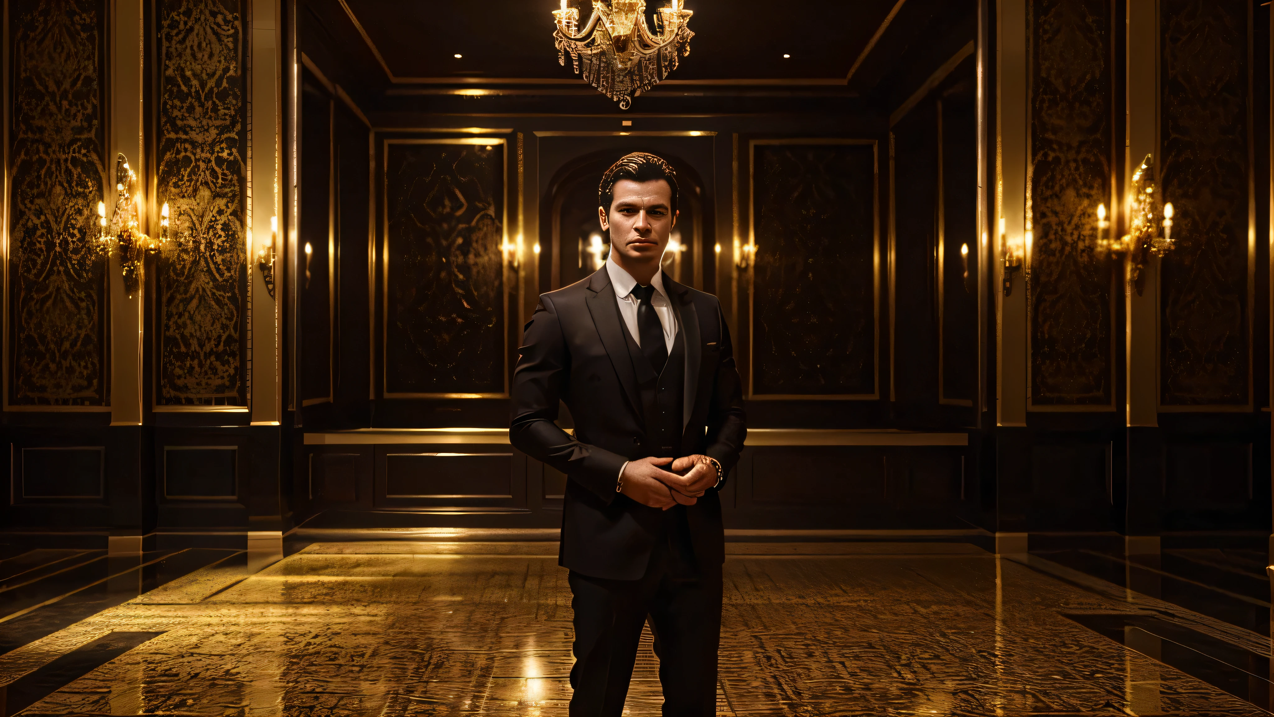 a millionaire man wearing a black suit, room full of gold and ruby ​​bars, ultra realistic image, high level of detail, 8k, hyper realism, vivid and intense colors.
