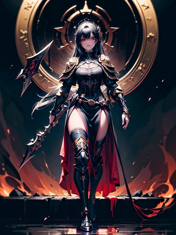 (((masterpiece, best quality, 8k)))A dark and cursed female game character,((perfect face)), wearing ornate black and gold armor, wielding a cursed blade, with dark vambraces and cursed boots, in a gloomy, atmospheric lighting,(((full body shot))), (best quality,4k,8k,highres,masterpiece:1.2),ultra-detailed,HDR,UHD,studio lighting,ultra-fine painting,sharp focus,physically-based rendering,extreme detail description,professional,vivid colors,bokeh,dark fantasy,concept art