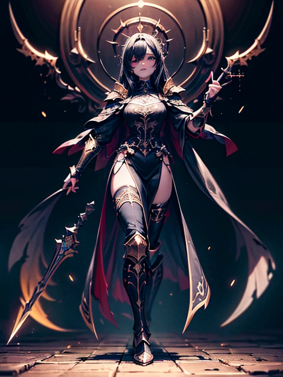 (Darkness:1.4),(fantasy costume:1.5),elf ear:1.3(raven wings:1.6),(dark elf:1.6),blue eyes,milky silver hair:1.6,(ash brown skin woman:1.8),(high-heeled shoes:1.3),solo,BRAKE (Holds the hilt of a gigantic two-handed sword that burns white:1.5),(Holds a huge white-blazing two-handed sword in his hand:1.7),BRAKE dynamic pose,dynamic angle,from side:1.7,full body shot:1.3, medium shot:1.3,BRAKE fantastic castle,BREAK (extremely detailed CG unity 8k portrait:1.3),(highly detailed fingers:1.3),(Masterpiece: 1.3),(ultra detailed face),(Exquisite Detail: 1.2),highly detail Eye,(Highest Quality:1.4), (Super-Resolution: 1.2),(super fine illustration:1.3), Eyelashes, Best Quality,super detailed skin,